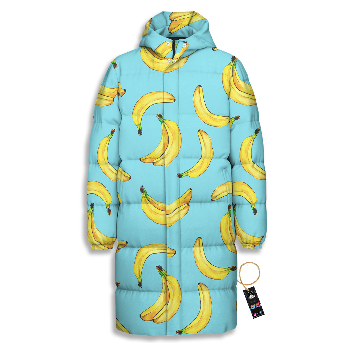 Banana Watercolor Print Pattern Long Down Jacket-grizzshop