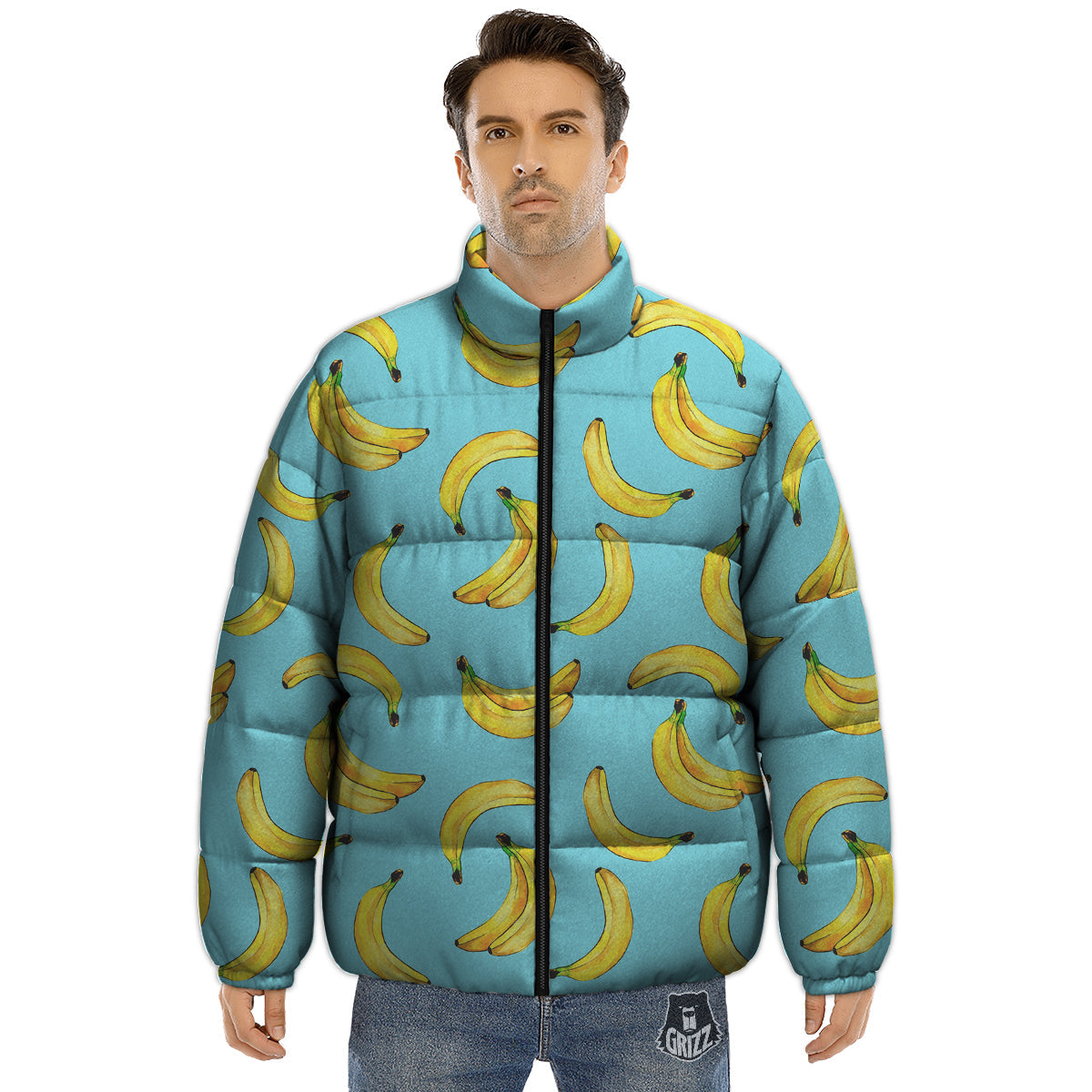 Banana Watercolor Print Pattern Puffer Jacket-grizzshop
