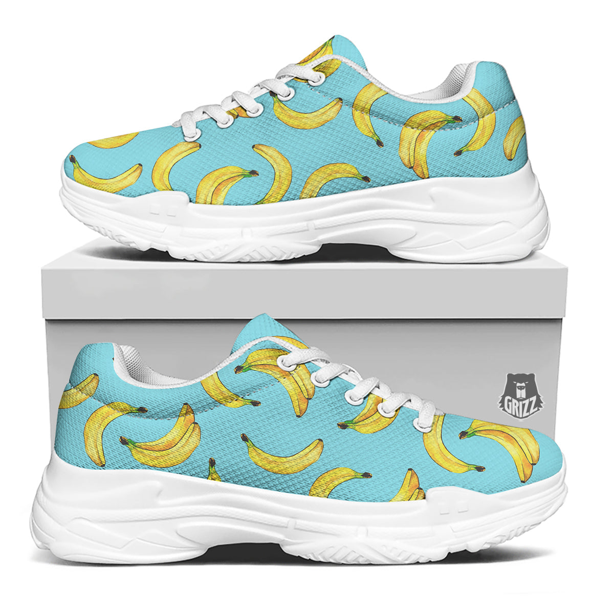 Banana Watercolor Print Pattern White Chunky Shoes-grizzshop