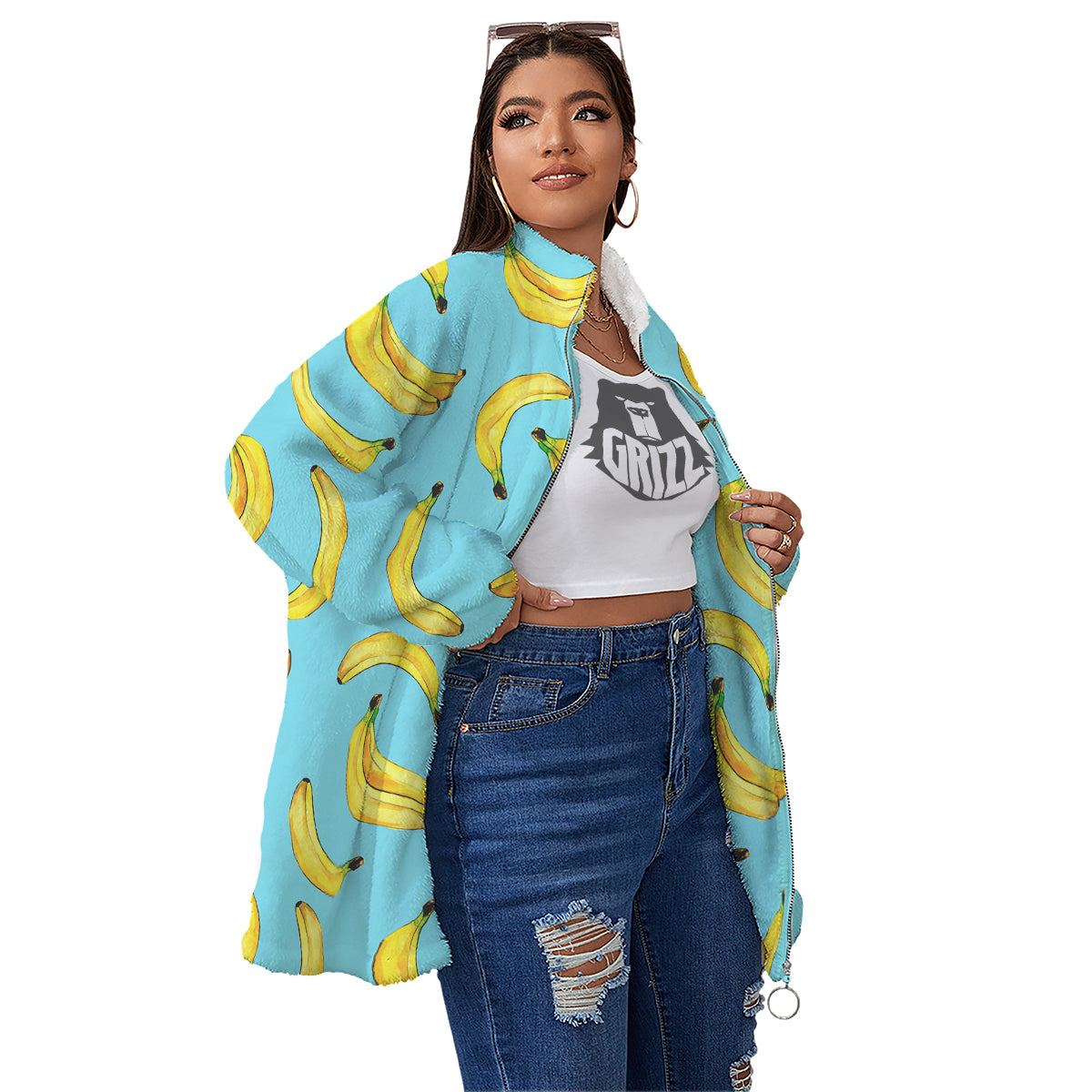 Banana Watercolor Print Pattern Women's Sherpa Jacket-grizzshop