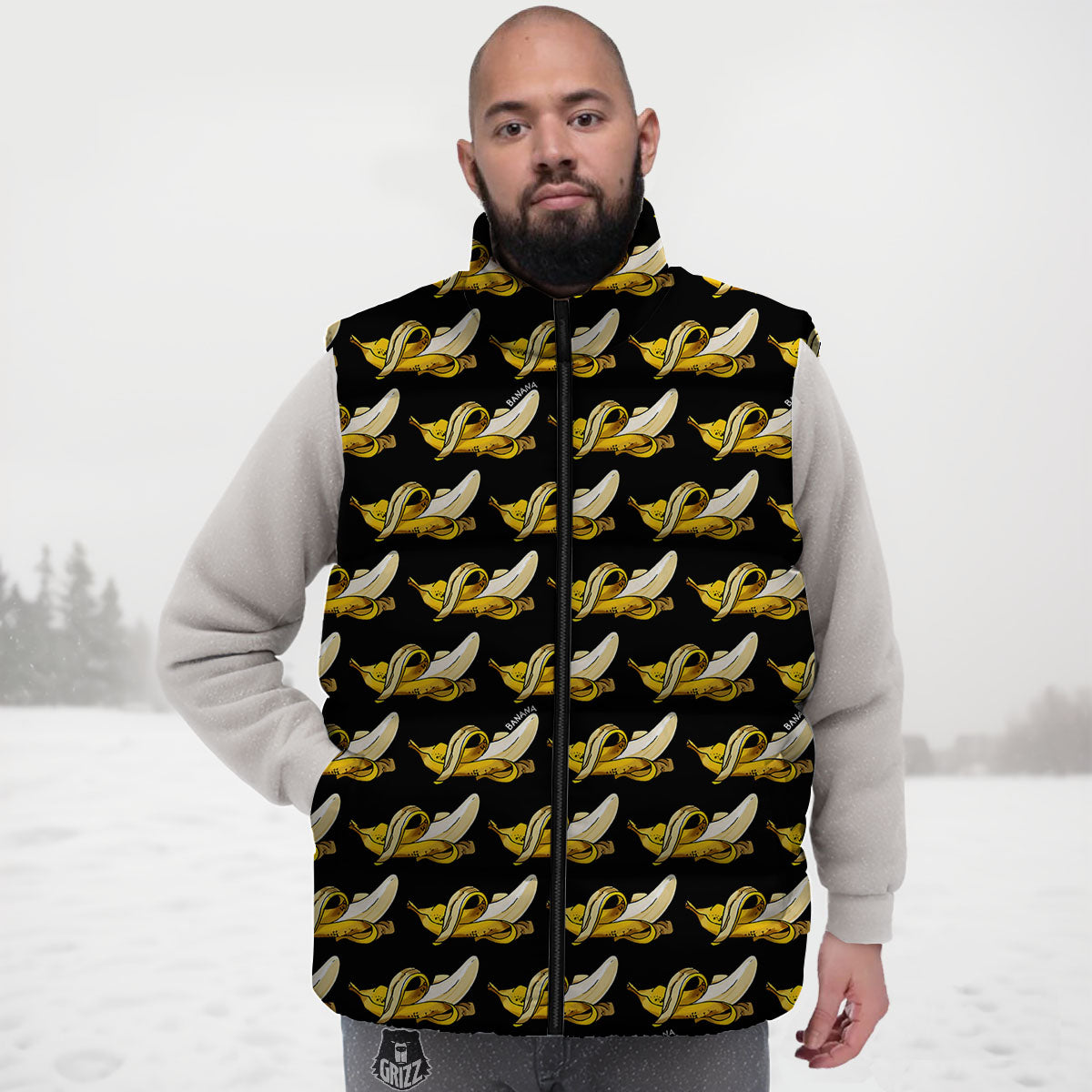 Banana Yellow And Black Print Pattern Down Vest