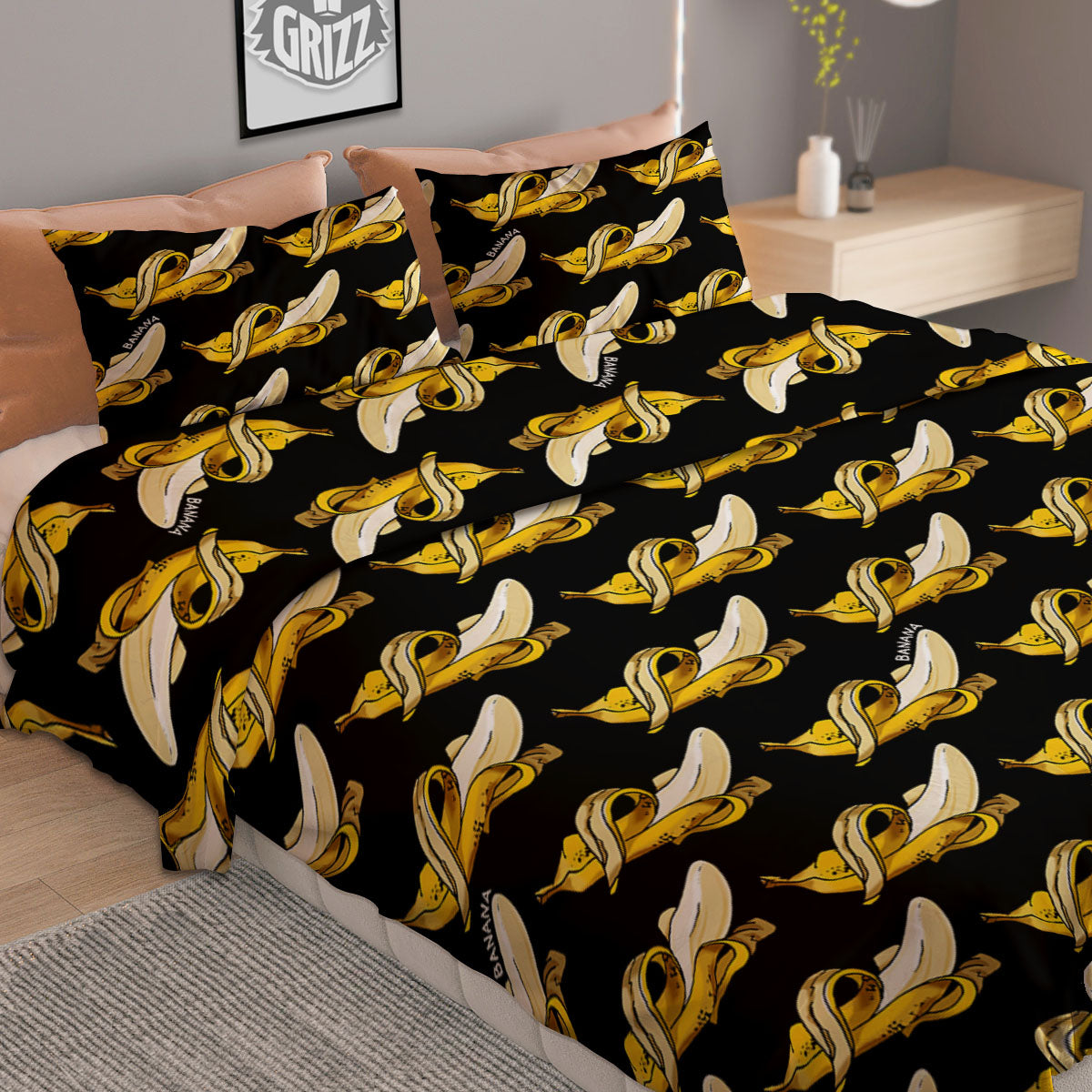 Banana Yellow And Black Print Pattern Duvet Cover Bedding Set