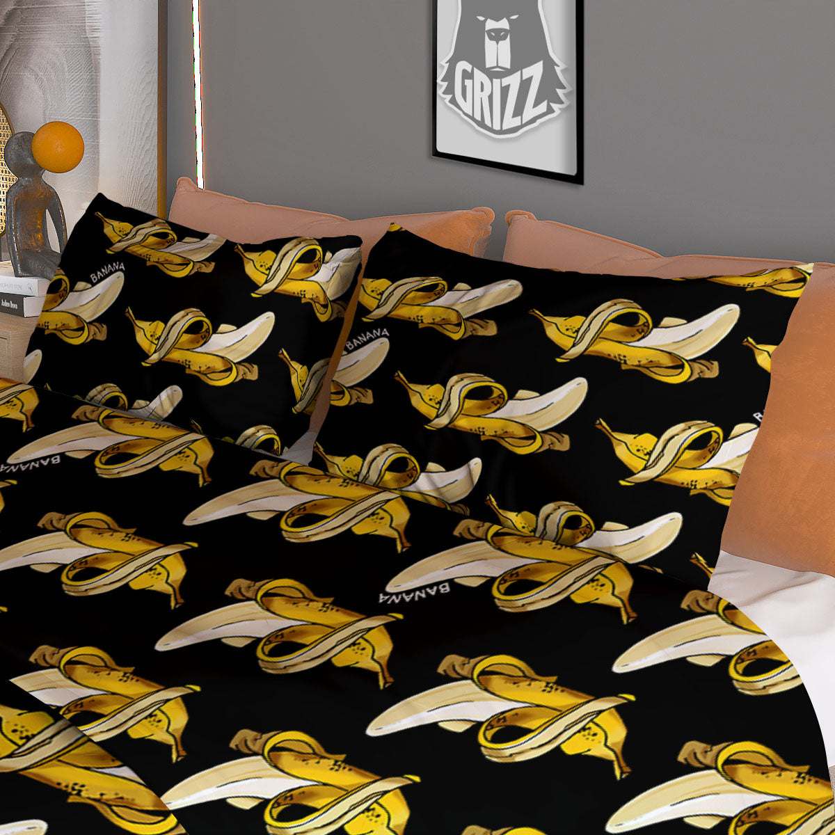 Banana Yellow And Black Print Pattern Duvet Cover Bedding Set
