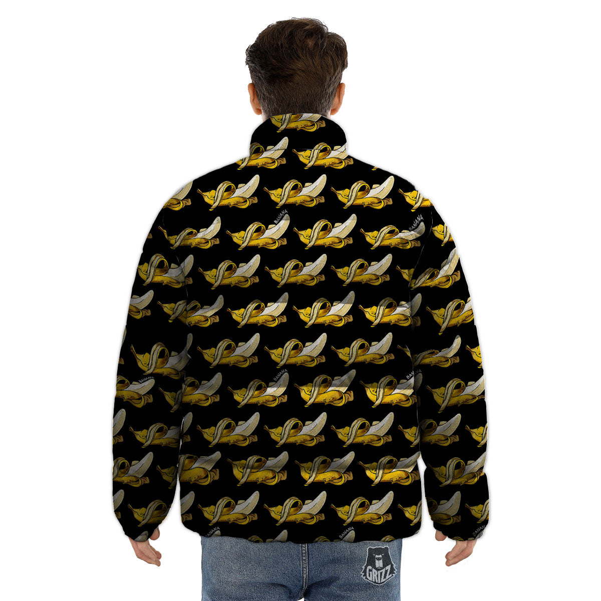 Banana Yellow And Black Print Pattern Puffer Jacket-grizzshop