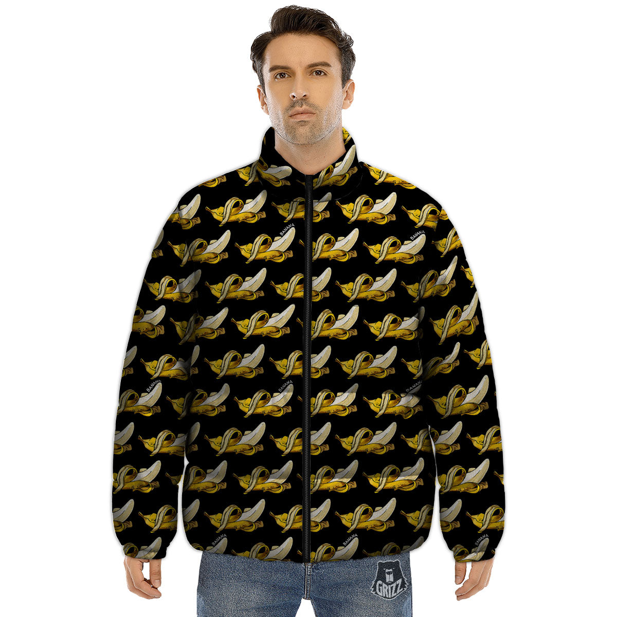 Banana Yellow And Black Print Pattern Puffer Jacket-grizzshop