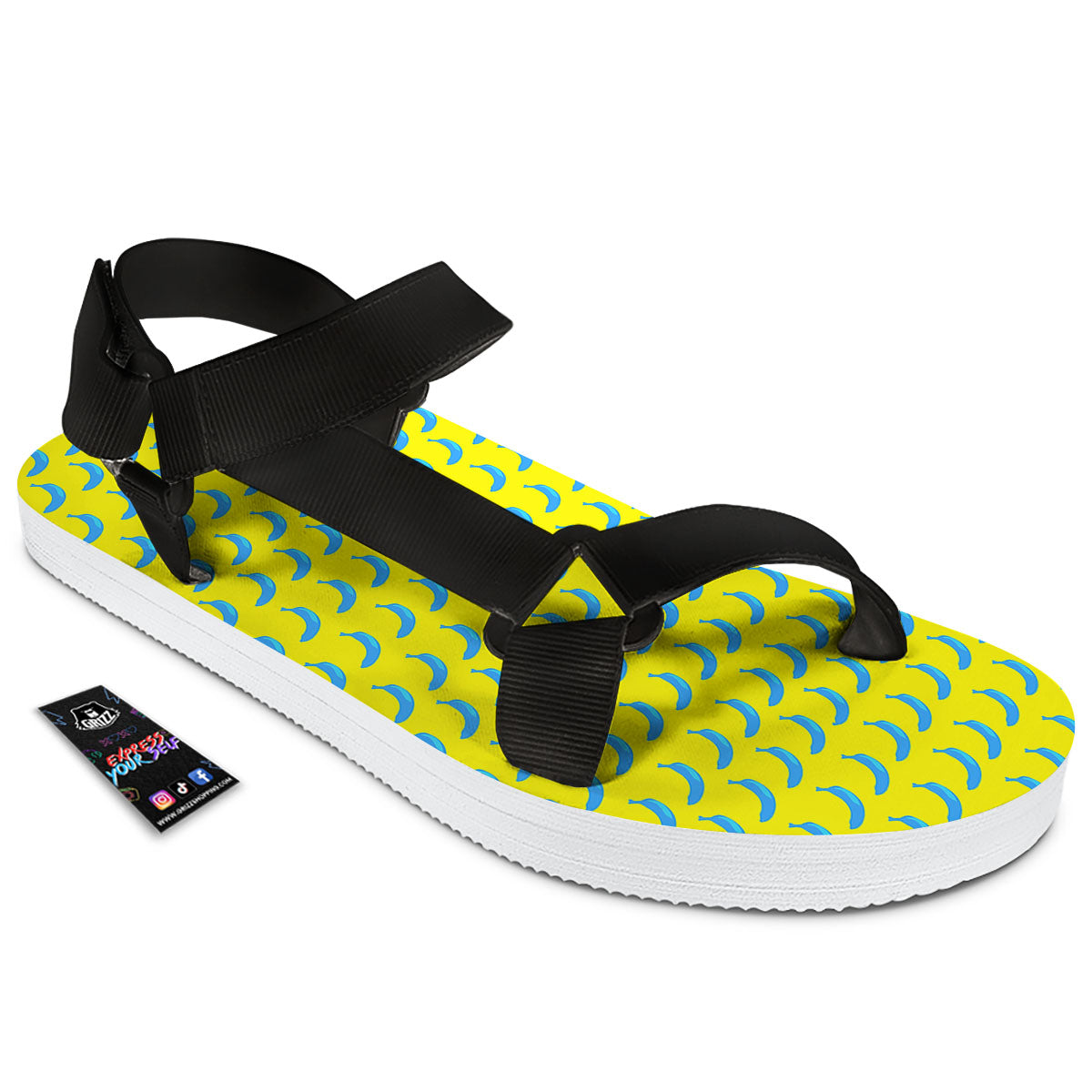 Banana Yellow And Blue Print Pattern Black Open Toe Sandals-grizzshop