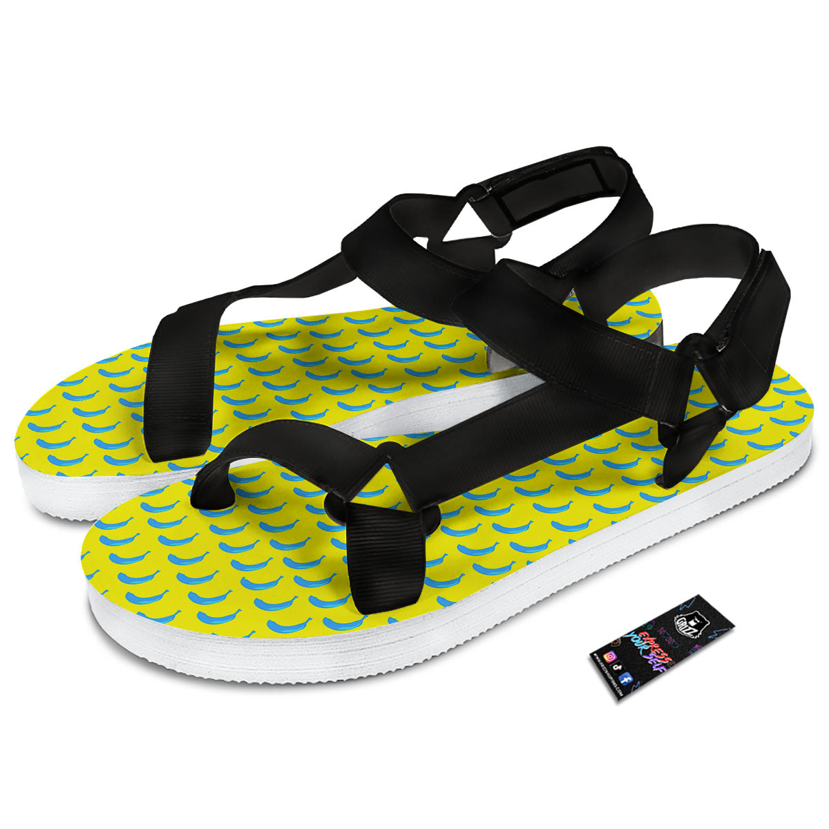 Banana Yellow And Blue Print Pattern Black Open Toe Sandals-grizzshop
