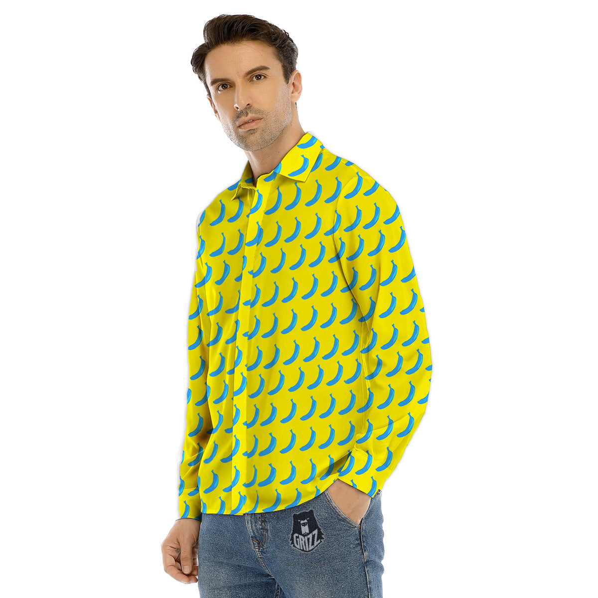 Banana Yellow And Blue Print Pattern Men's Dress Shirts-grizzshop