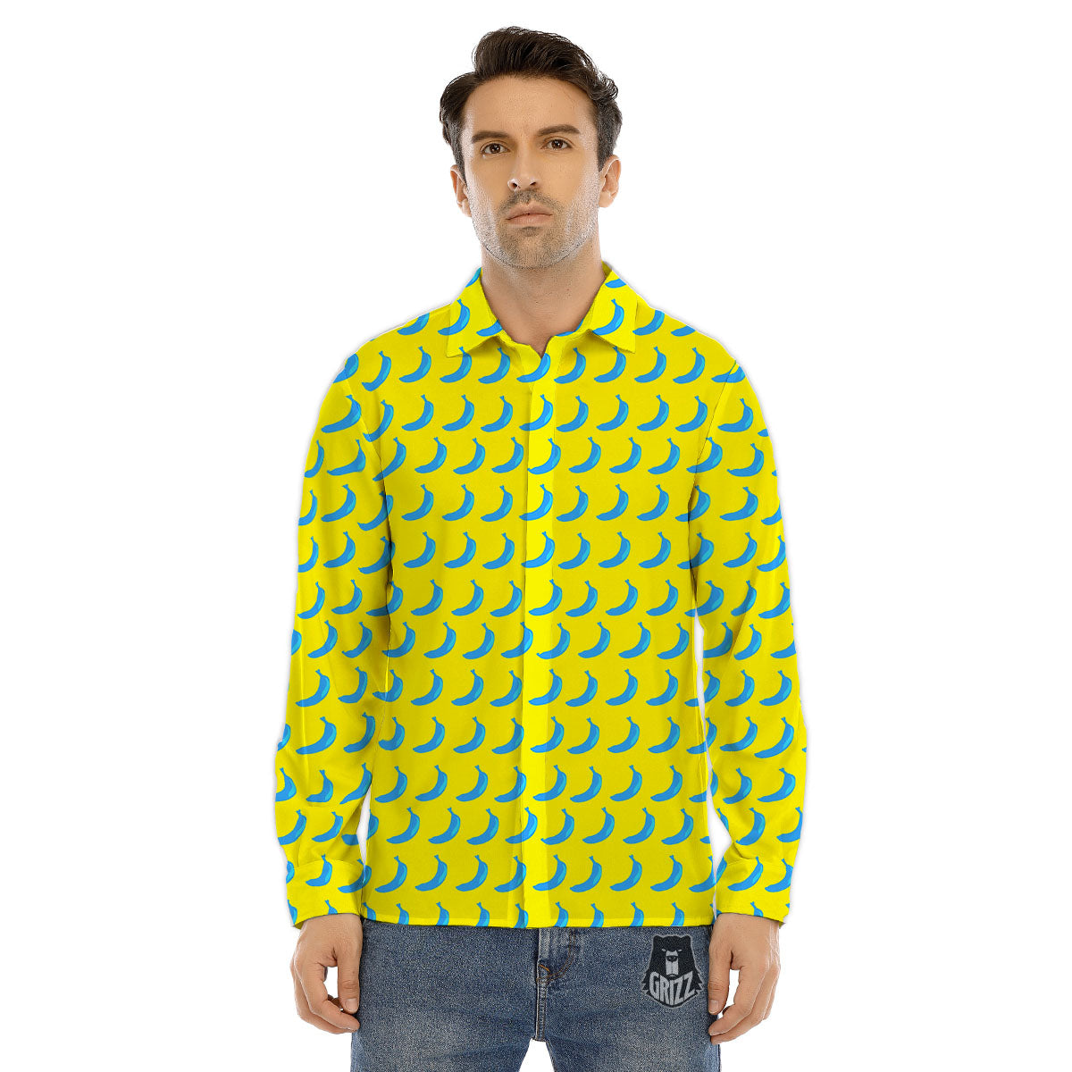 Banana Yellow And Blue Print Pattern Men's Dress Shirts-grizzshop
