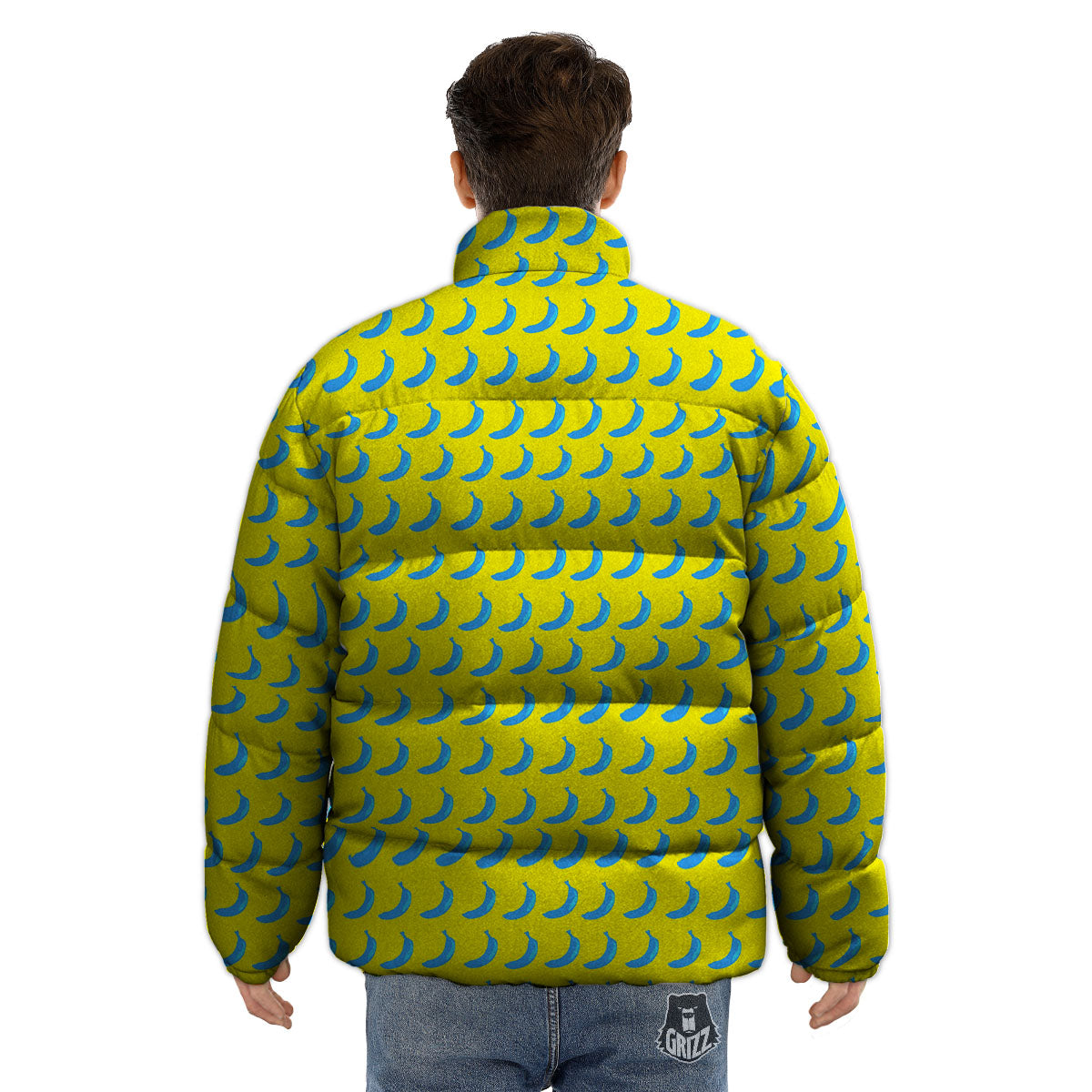 Banana Yellow And Blue Print Pattern Puffer Jacket-grizzshop