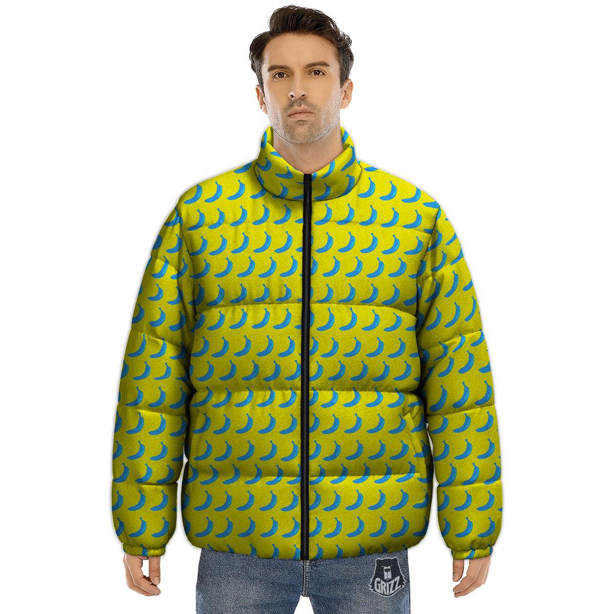 Banana Yellow And Blue Print Pattern Puffer Jacket-grizzshop