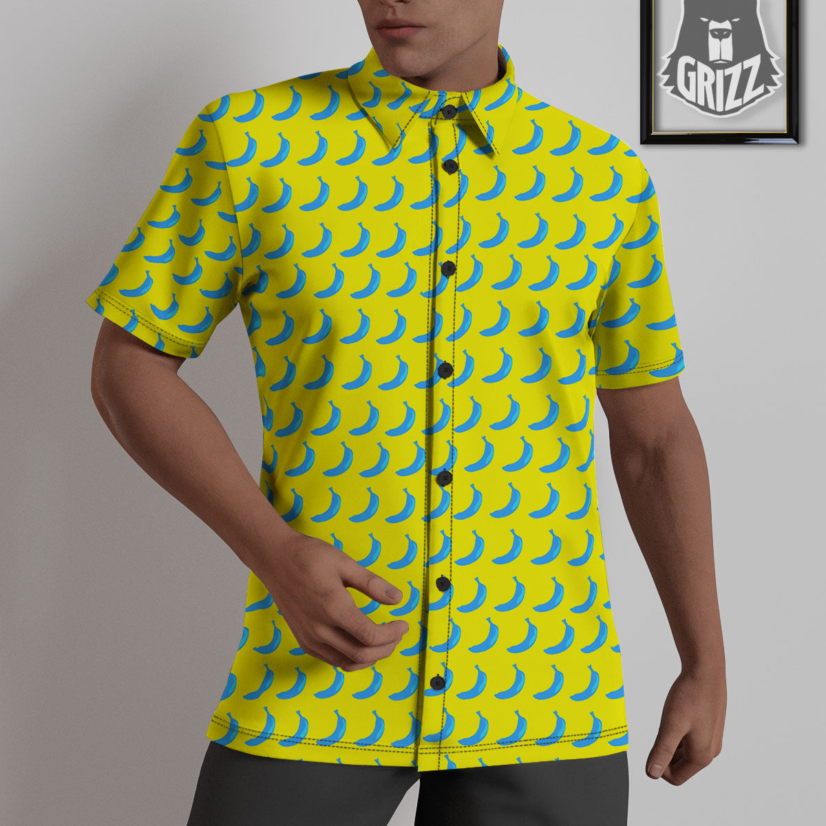 Banana Yellow And Blue Print Pattern Untucked Shirts-grizzshop