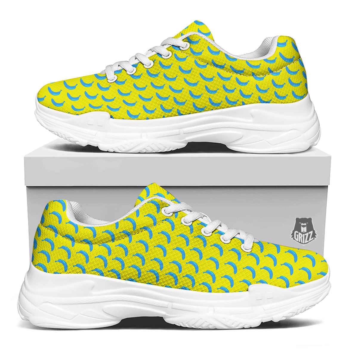 Banana Yellow And Blue Print Pattern White Chunky Shoes-grizzshop