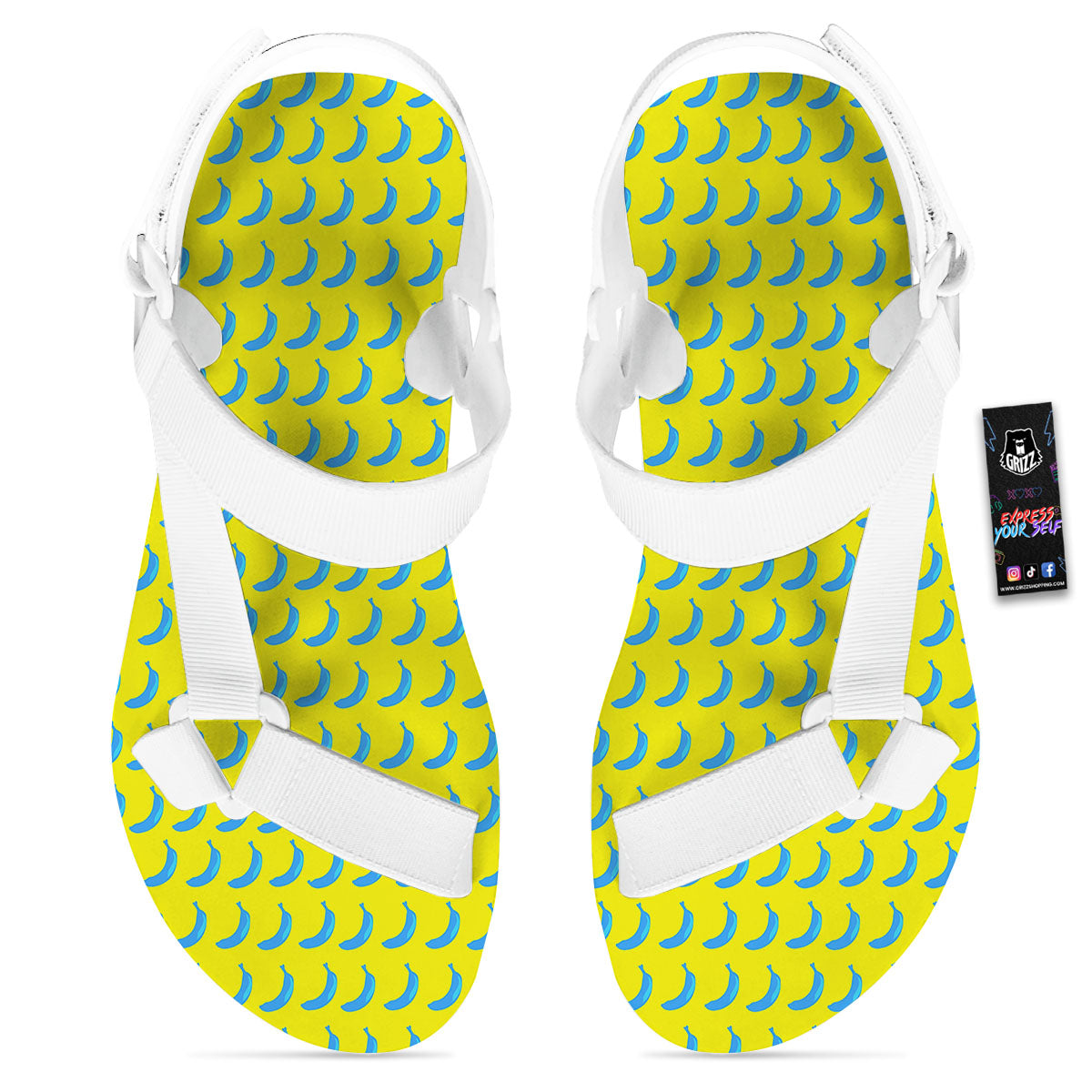 Banana Yellow And Blue Print Pattern White Open Toe Sandals-grizzshop