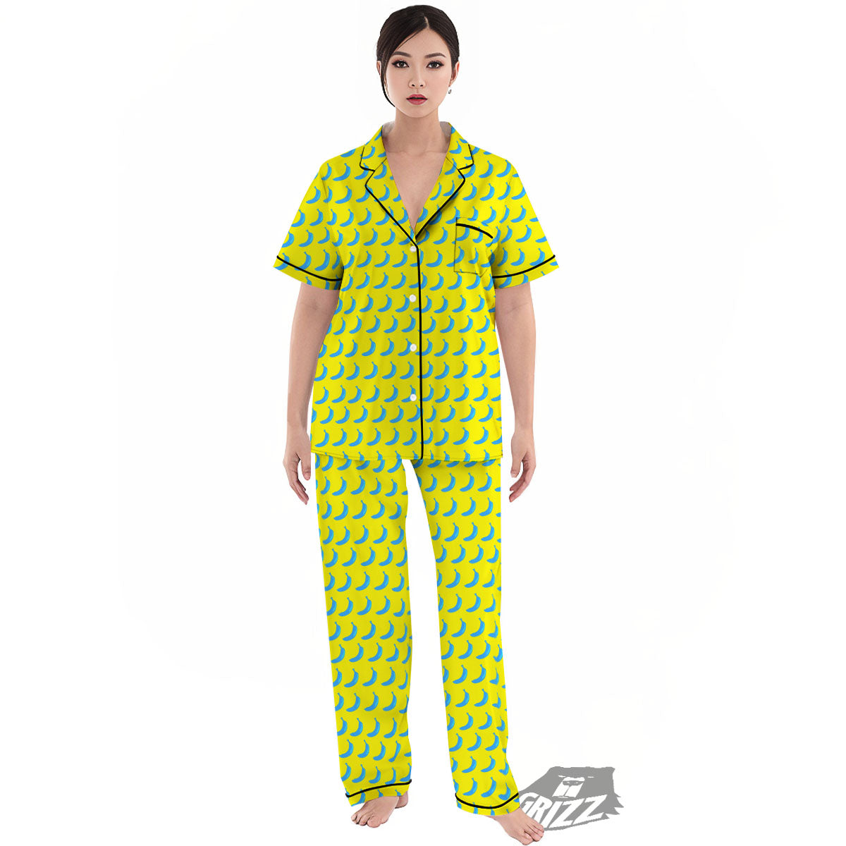 Banana Yellow And Blue Print Pattern Women's Pajamas Set-grizzshop