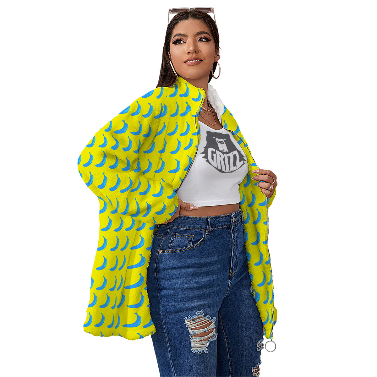 Banana Yellow And Blue Print Pattern Women's Sherpa Jacket-grizzshop