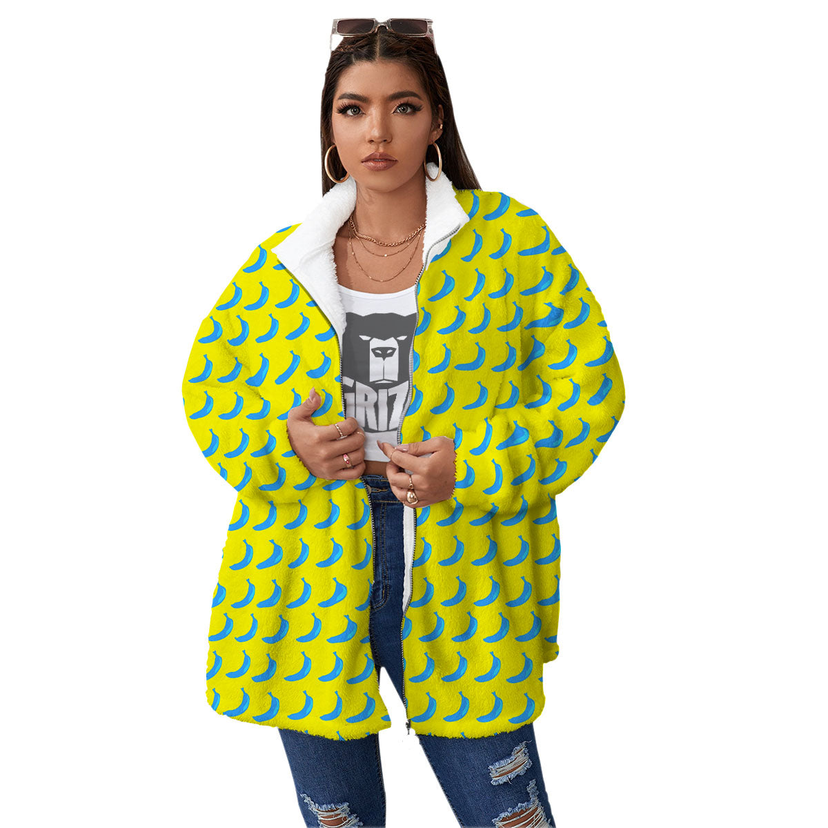 Banana Yellow And Blue Print Pattern Women's Sherpa Jacket-grizzshop