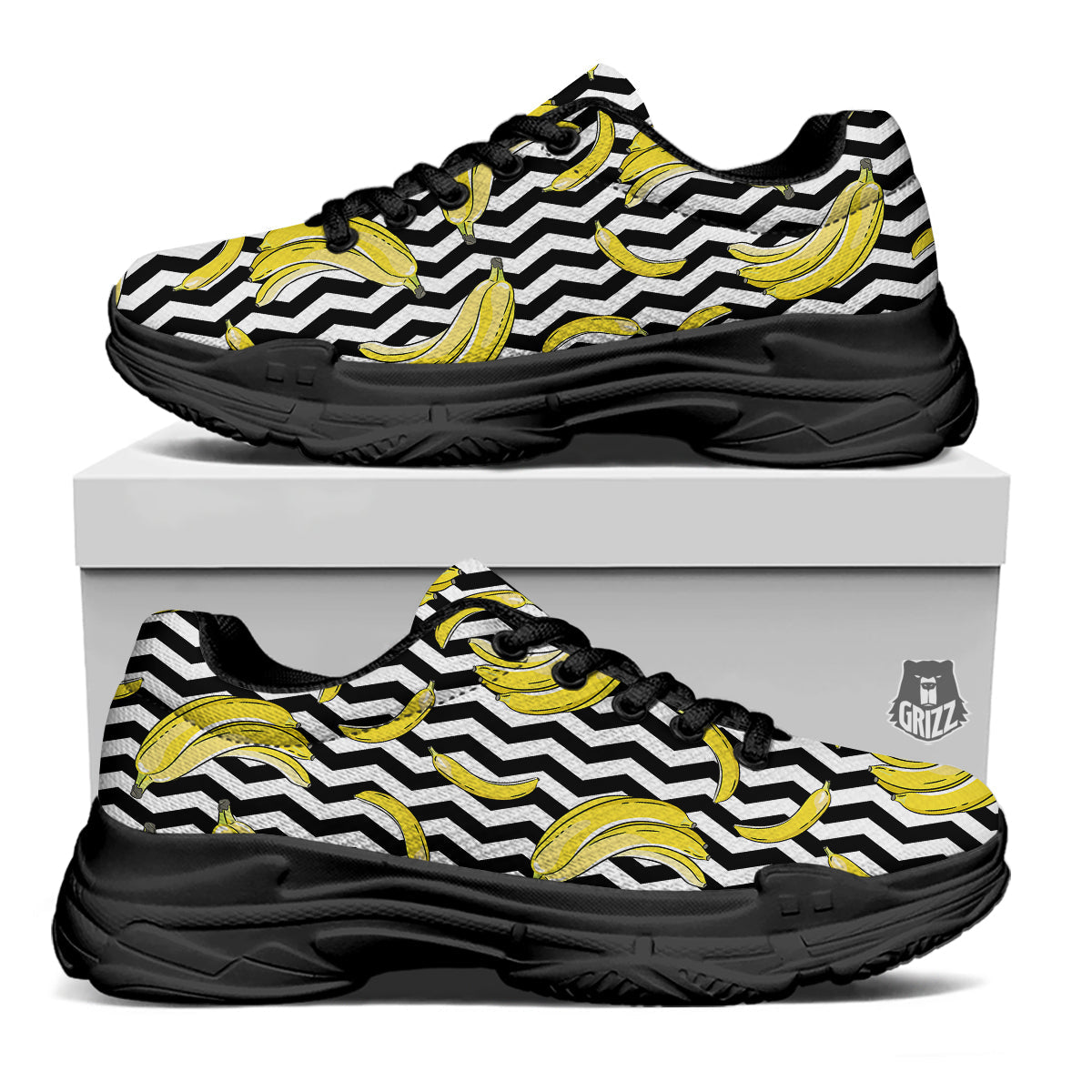 Banana Zigzag Print Pattern Black Chunky Shoes-grizzshop