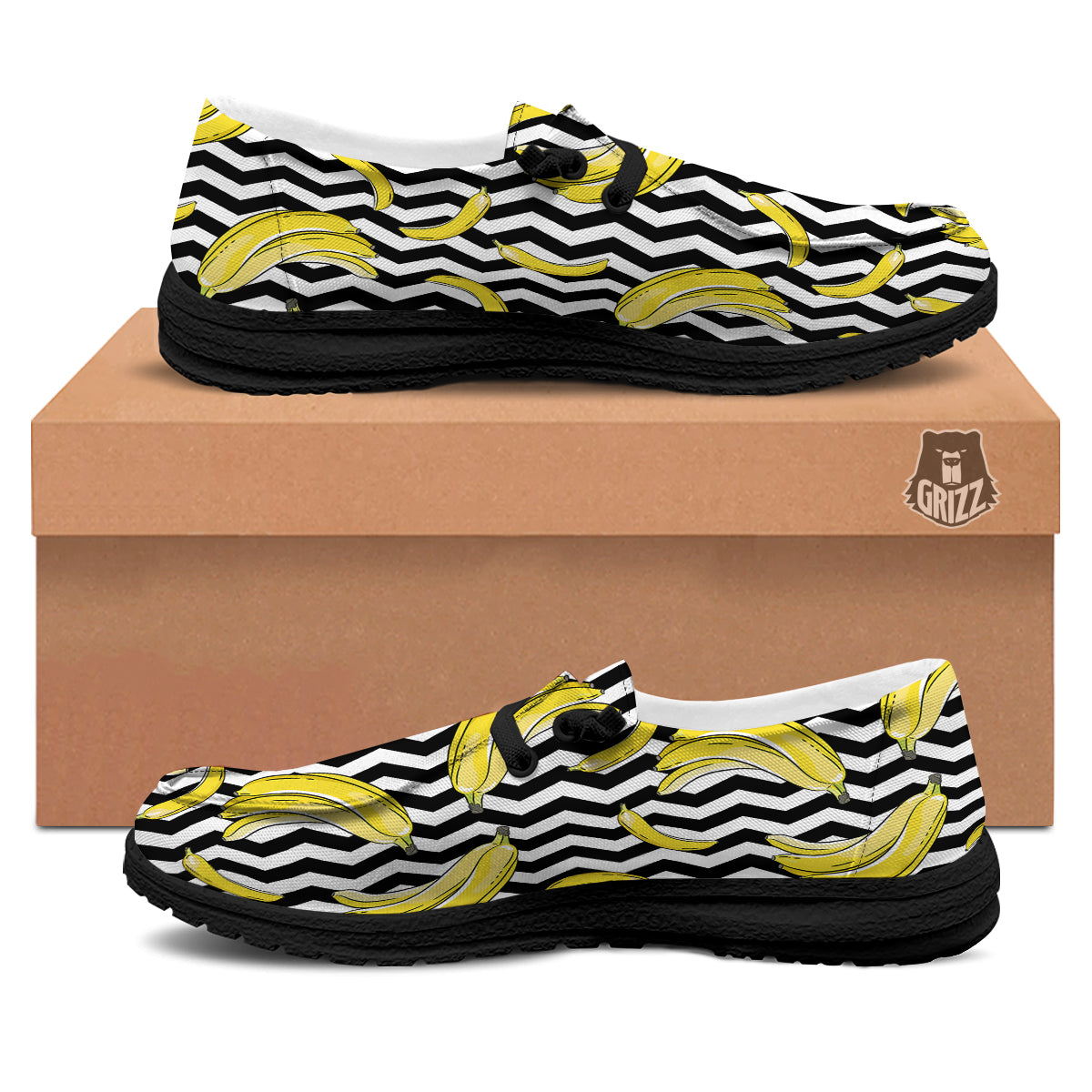 Banana Zigzag Print Pattern Black Loafers-grizzshop