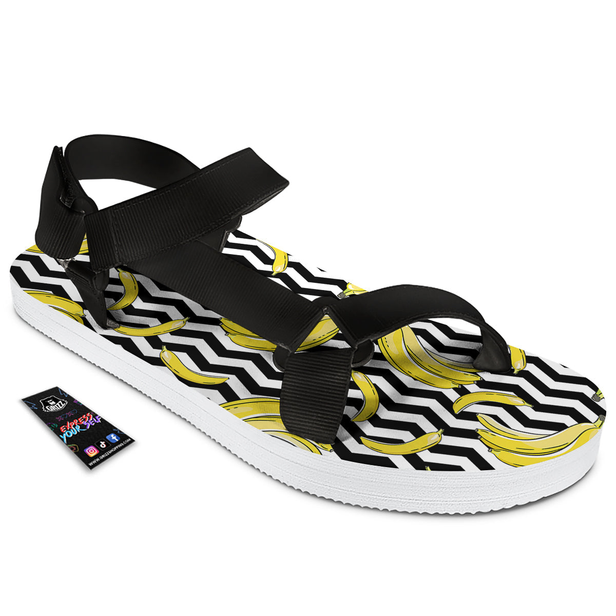 Banana Zigzag Print Pattern Black Open Toe Sandals-grizzshop