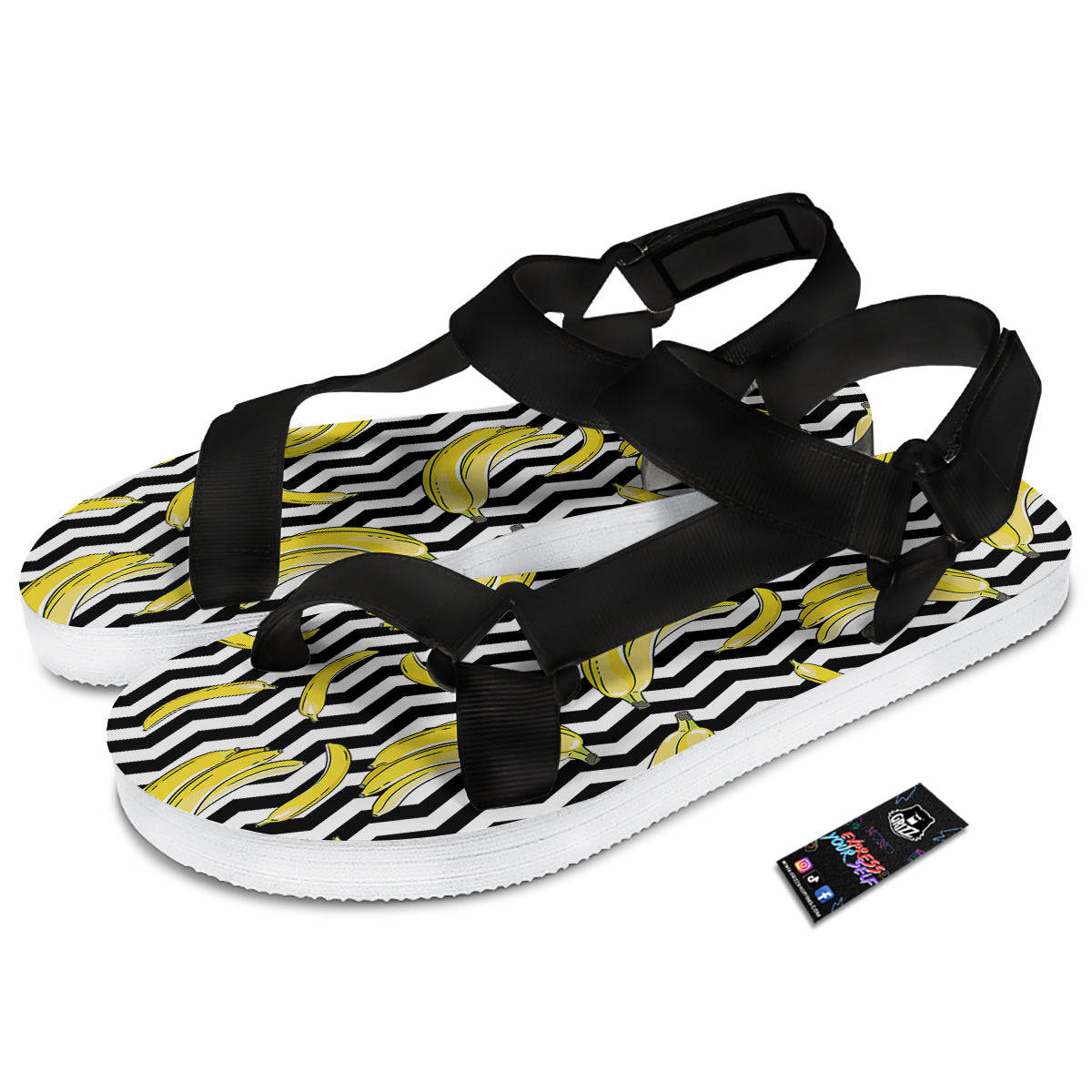 Banana Zigzag Print Pattern Black Open Toe Sandals-grizzshop
