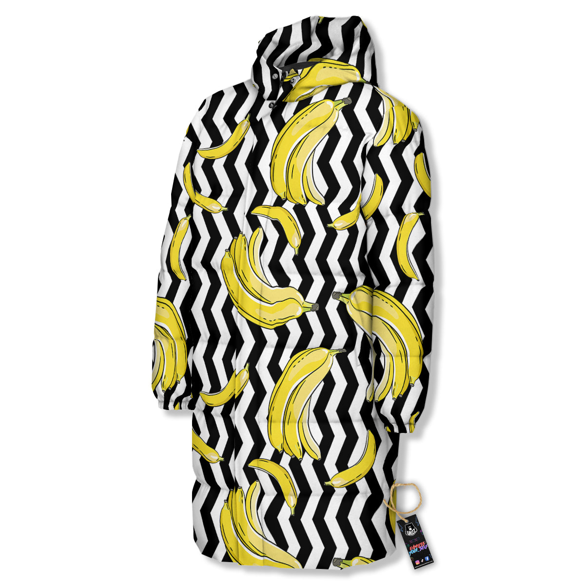 Banana Zigzag Print Pattern Long Down Jacket-grizzshop