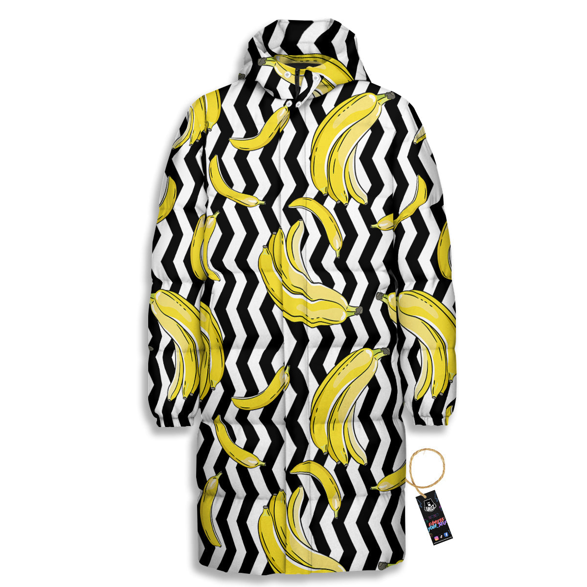 Banana Zigzag Print Pattern Long Down Jacket-grizzshop