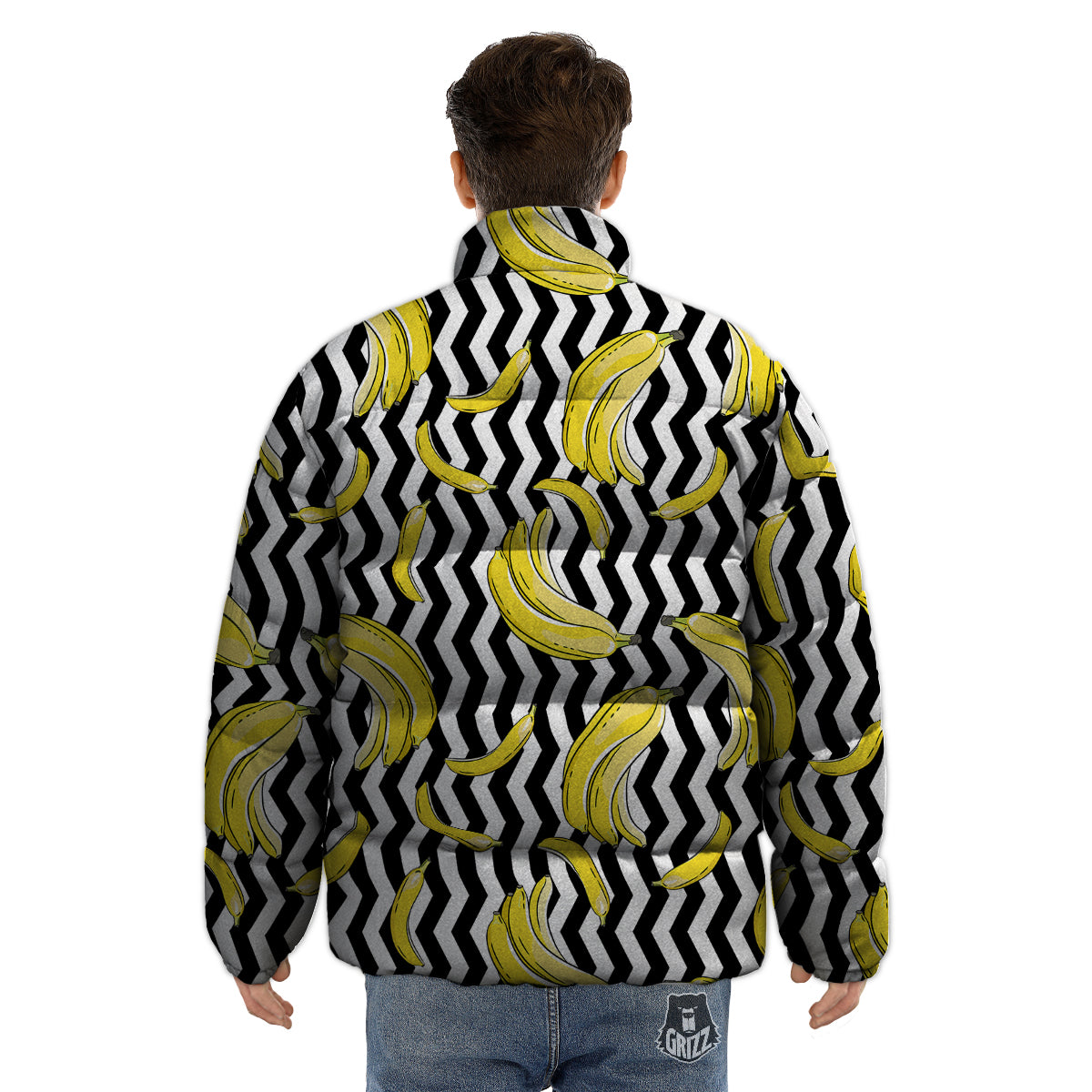 Banana Zigzag Print Pattern Puffer Jacket-grizzshop