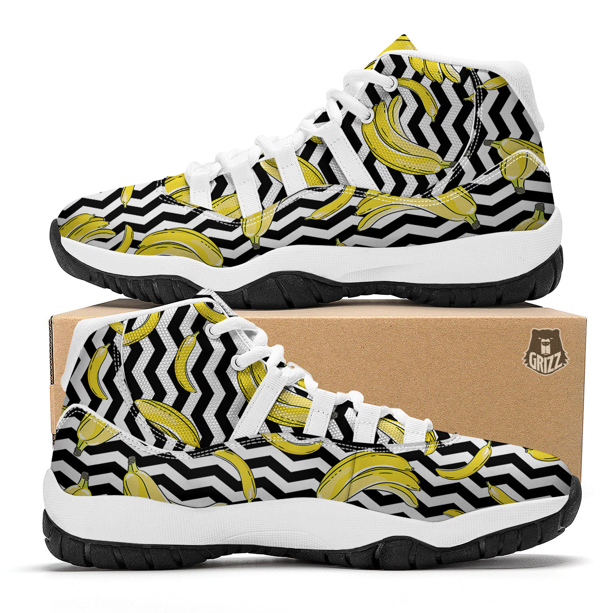 Banana Zigzag Print Pattern White Bball Shoes-grizzshop