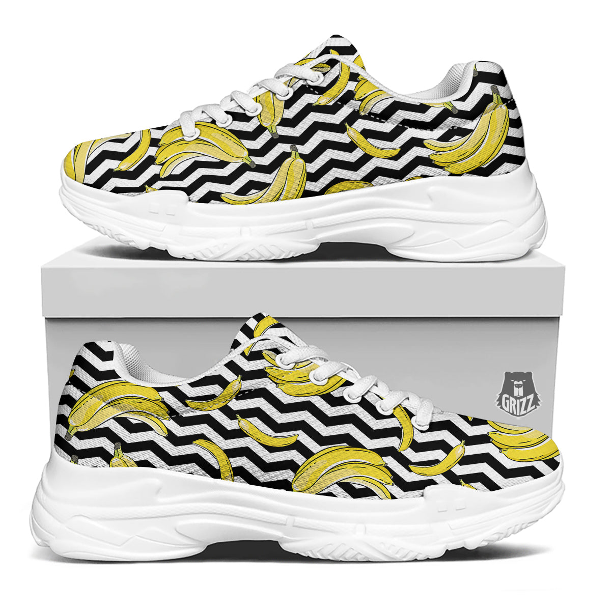 Banana Zigzag Print Pattern White Chunky Shoes-grizzshop