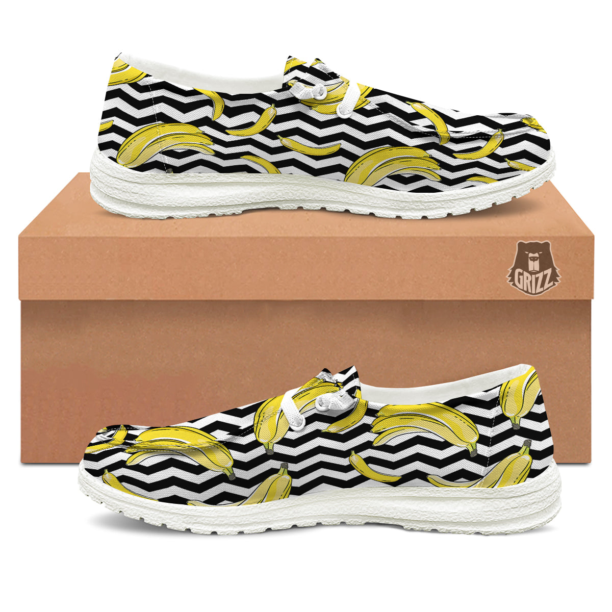 Banana Zigzag Print Pattern White Loafers-grizzshop