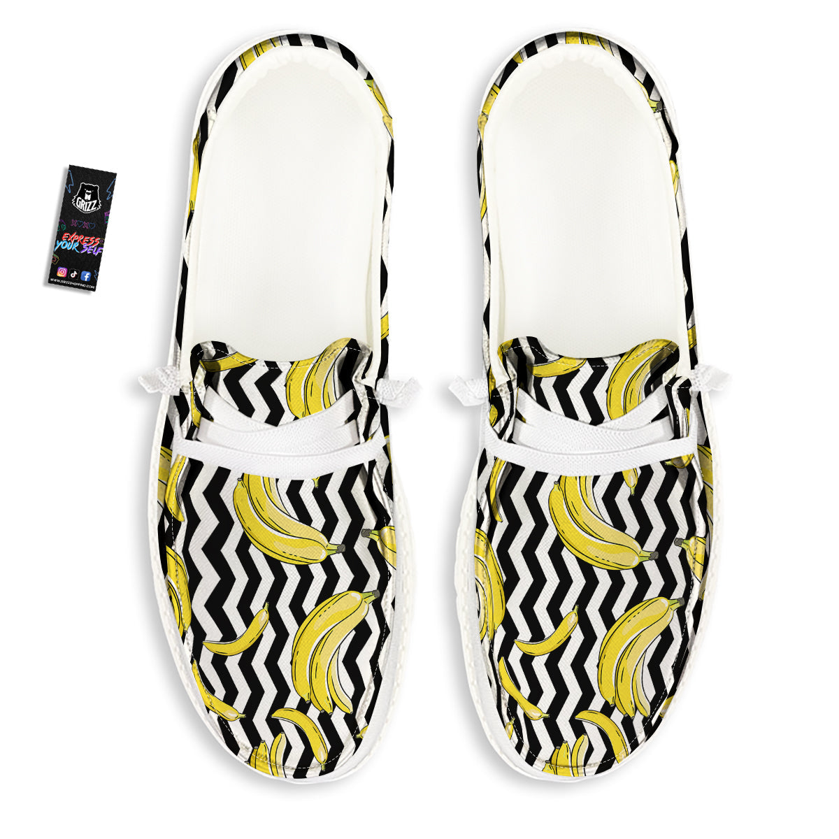 Banana Zigzag Print Pattern White Loafers-grizzshop