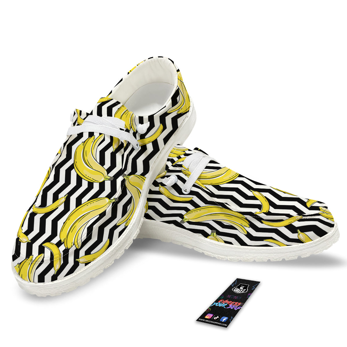 Banana Zigzag Print Pattern White Loafers-grizzshop