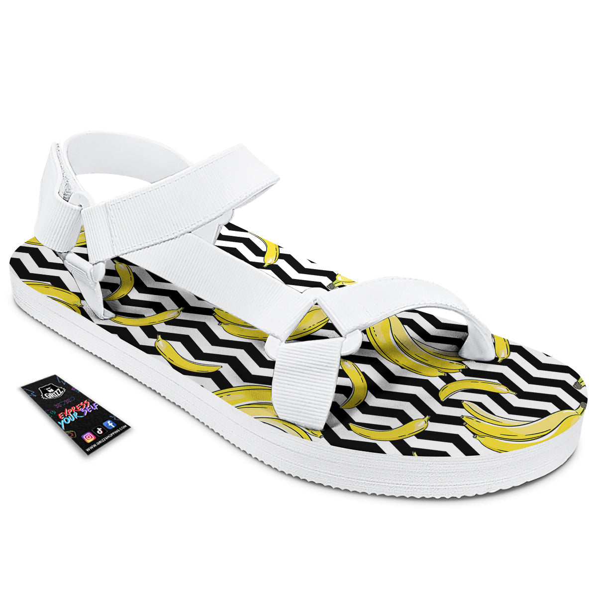 Banana Zigzag Print Pattern White Open Toe Sandals-grizzshop