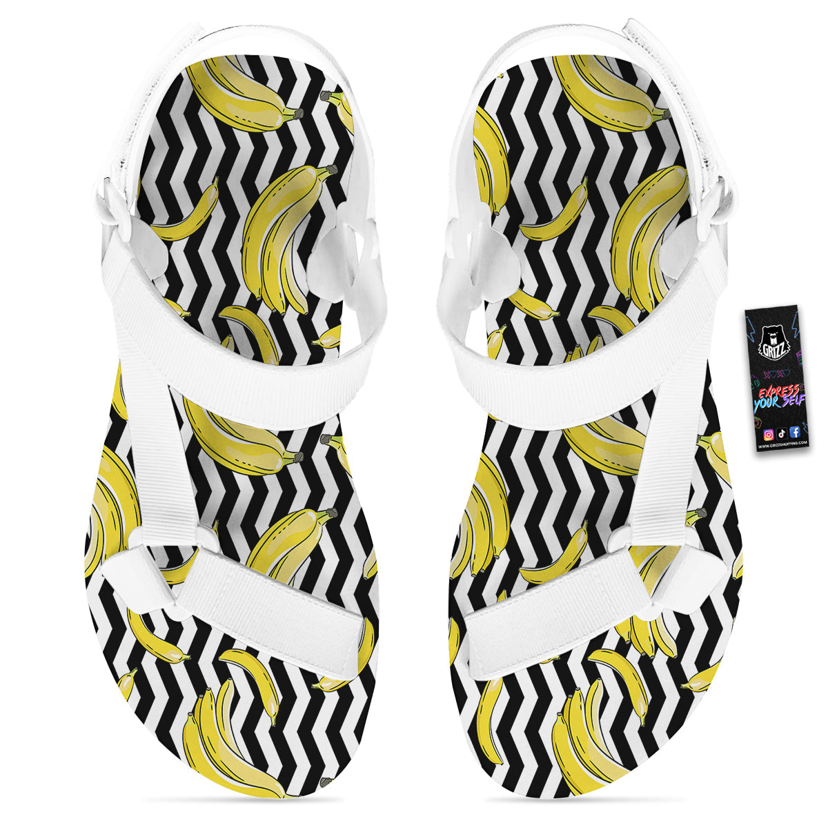 Banana Zigzag Print Pattern White Open Toe Sandals-grizzshop