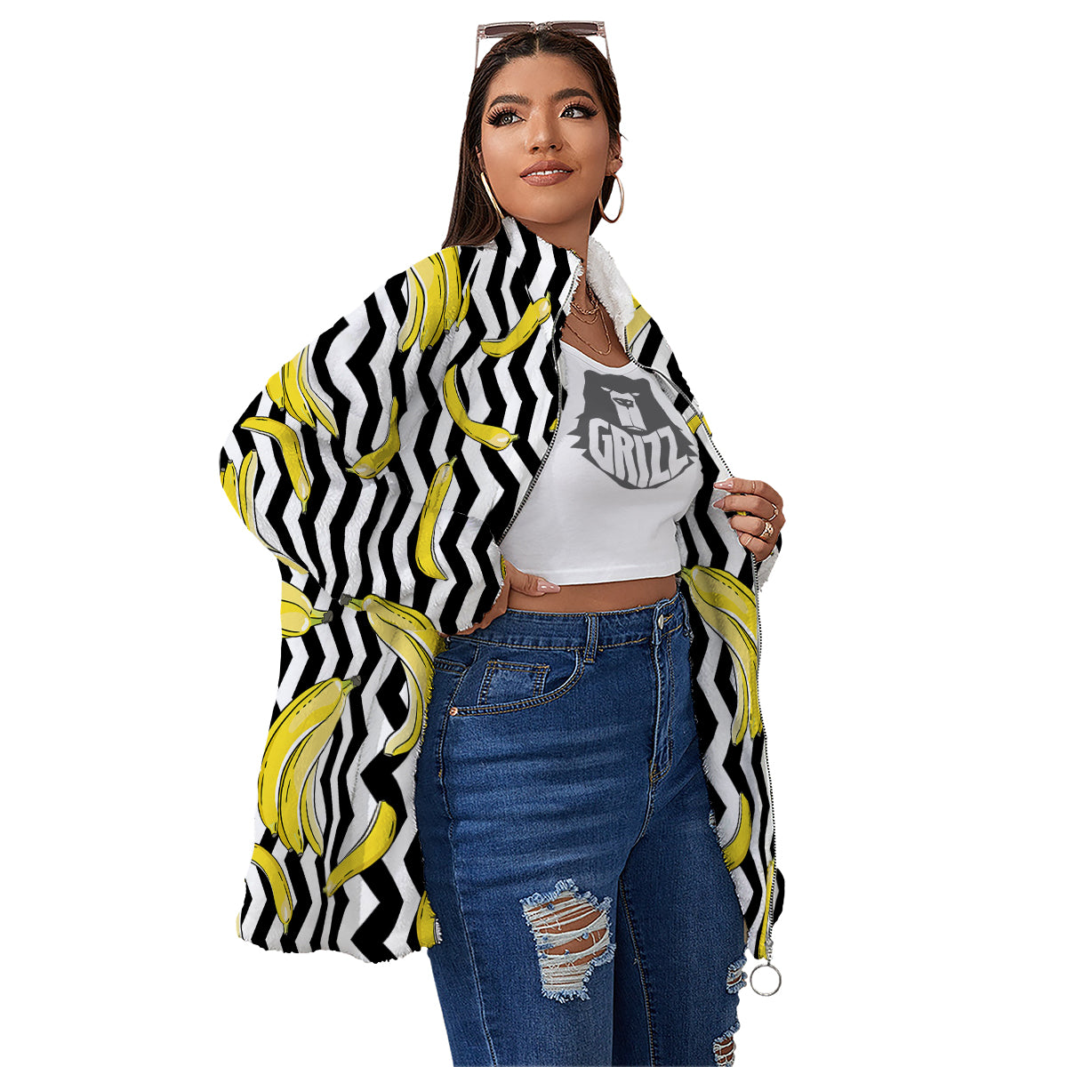 Banana Zigzag Print Pattern Women's Sherpa Jacket-grizzshop