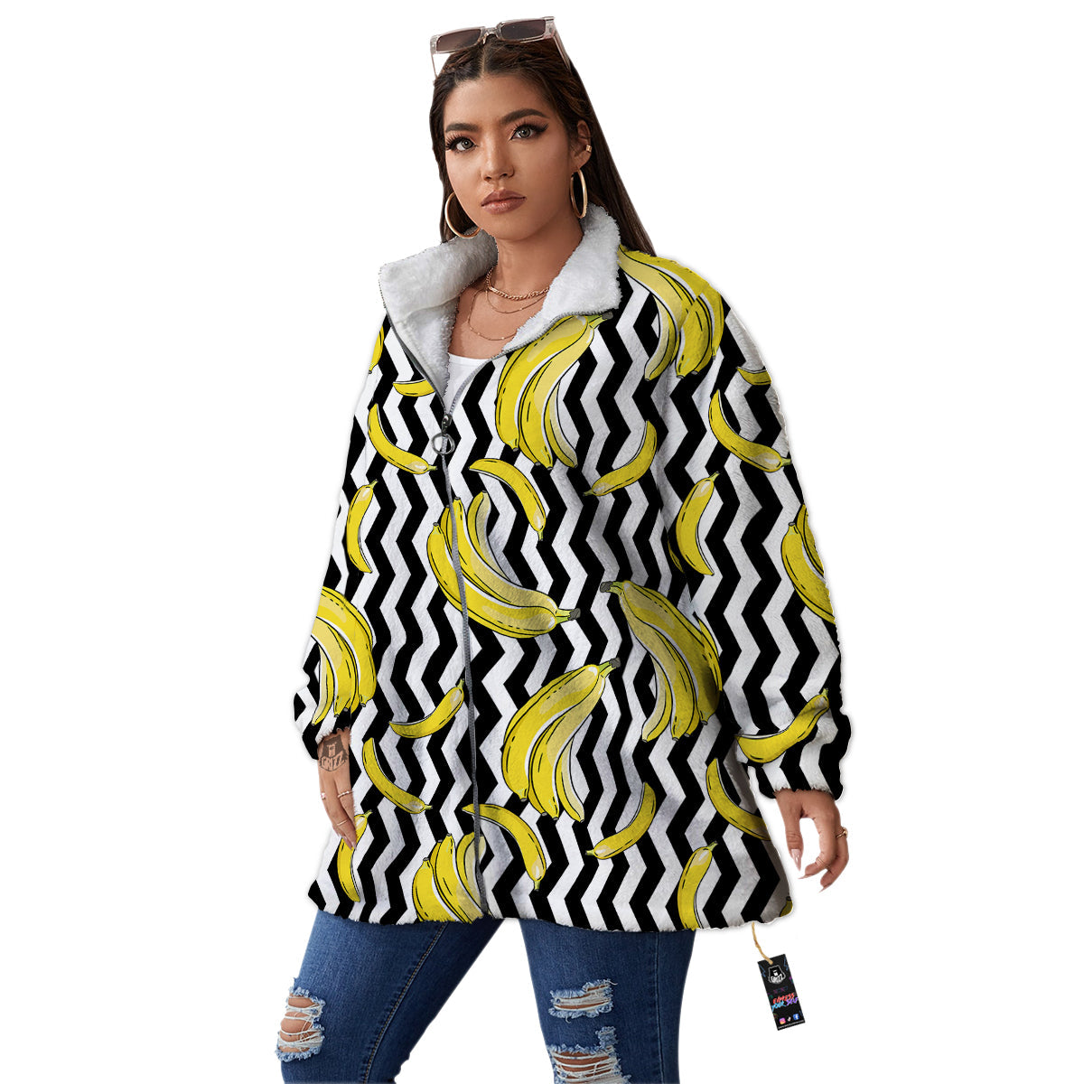 Banana Zigzag Print Pattern Women's Sherpa Jacket-grizzshop