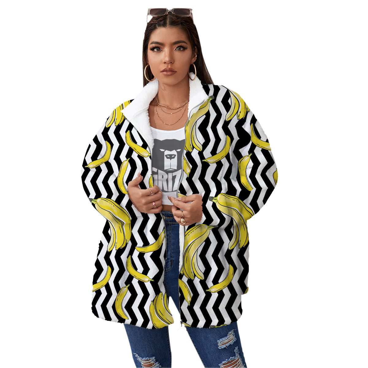 Banana Zigzag Print Pattern Women's Sherpa Jacket-grizzshop