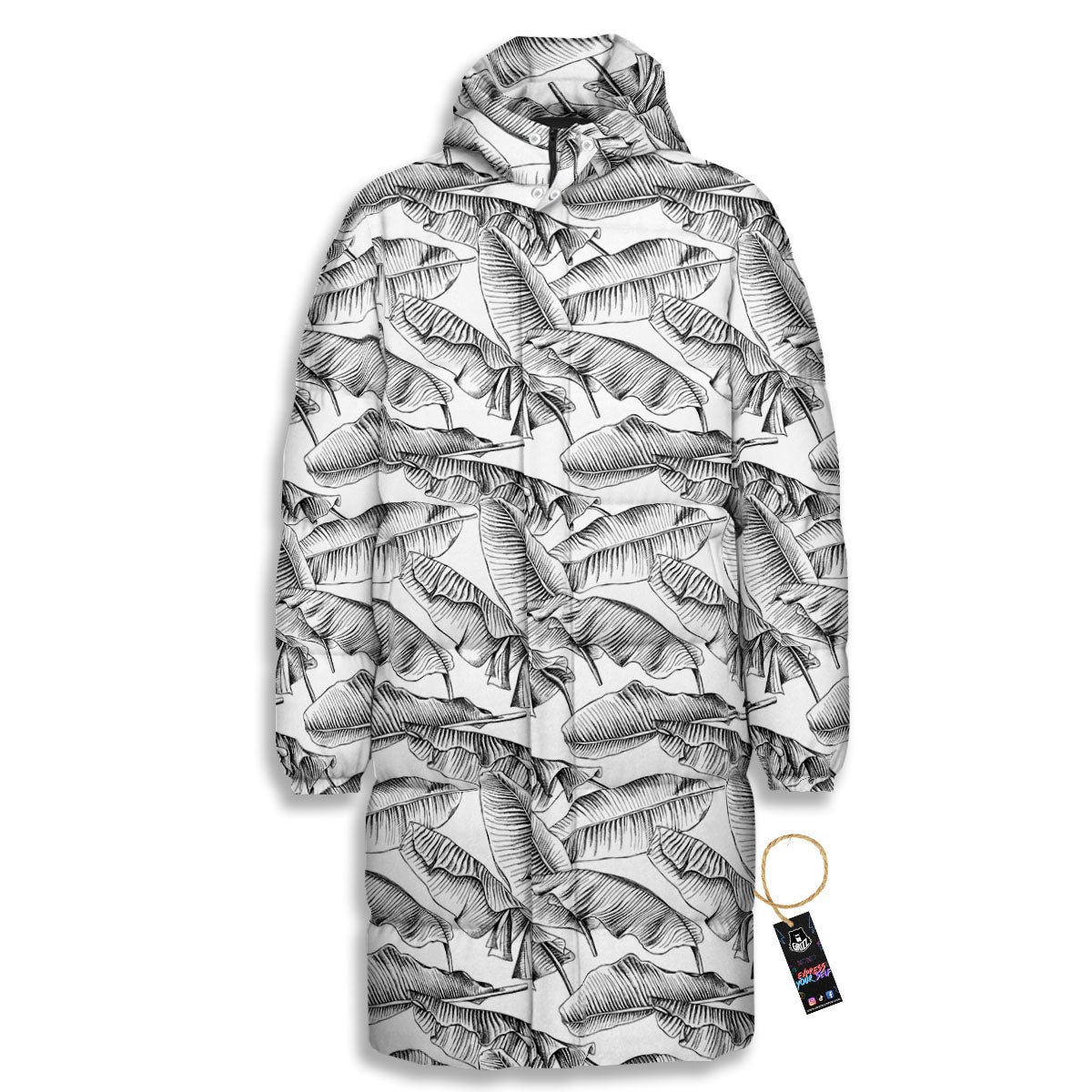 Banana Leaf White And Black Print Long Down Jacket