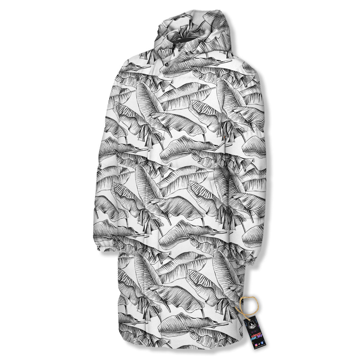 Banana Leaf White And Black Print Long Down Jacket