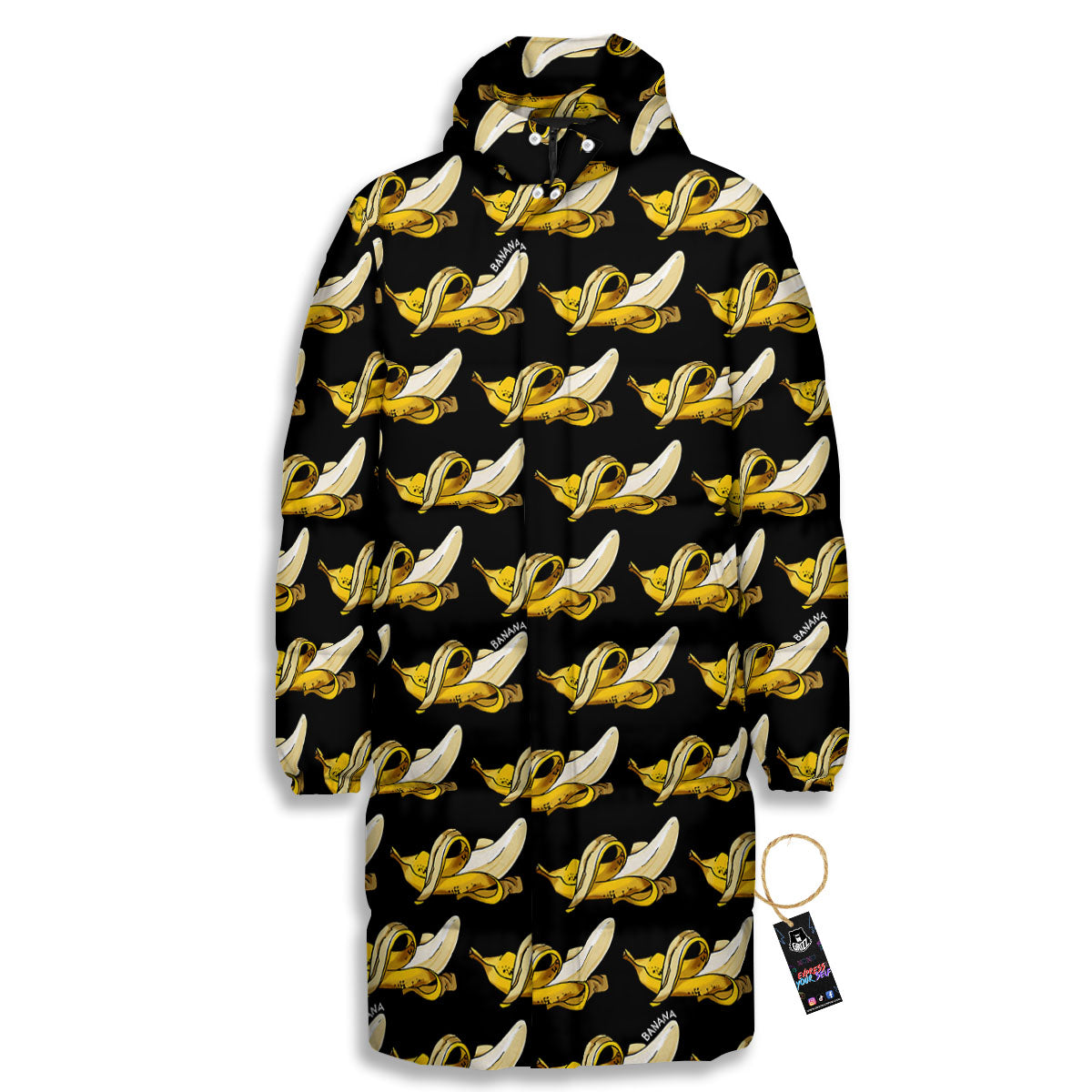 Banana Yellow And Black Print Pattern Long Down Jacket