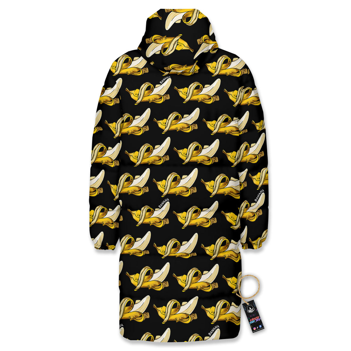Banana Yellow And Black Print Pattern Long Down Jacket