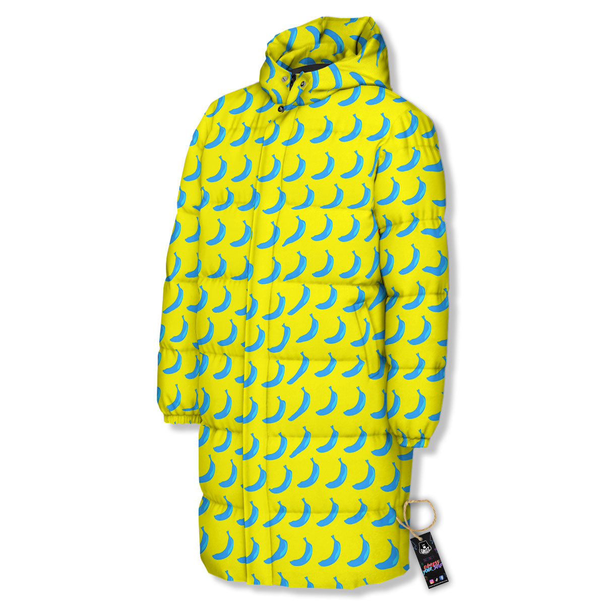 Banana Yellow And Blue Print Pattern Long Down Jacket