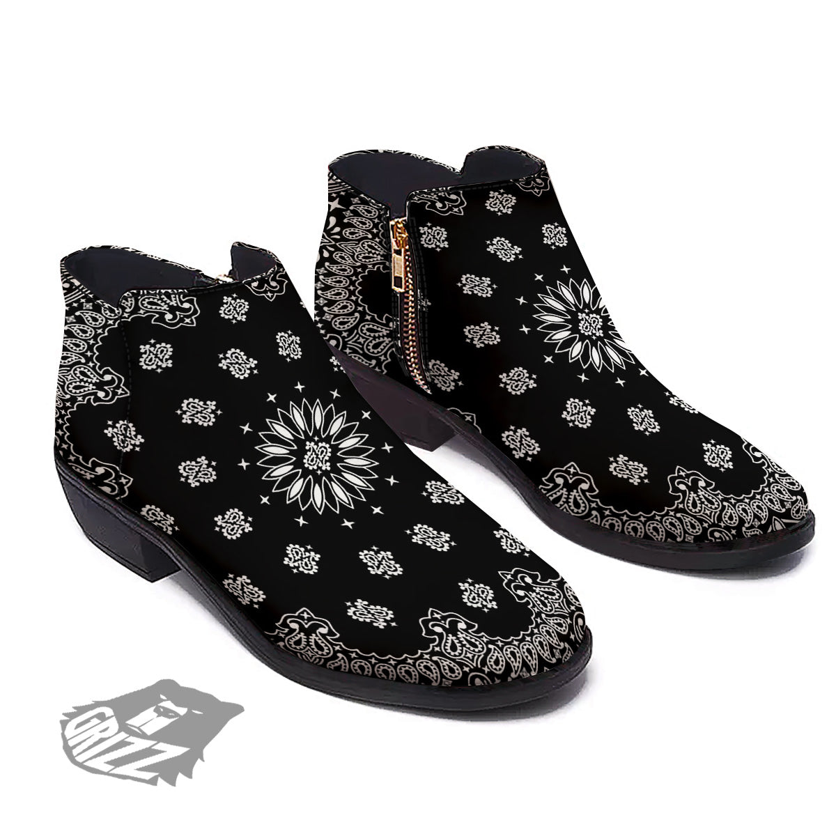 Bandana Black Paisley Print Ankle Boots-grizzshop