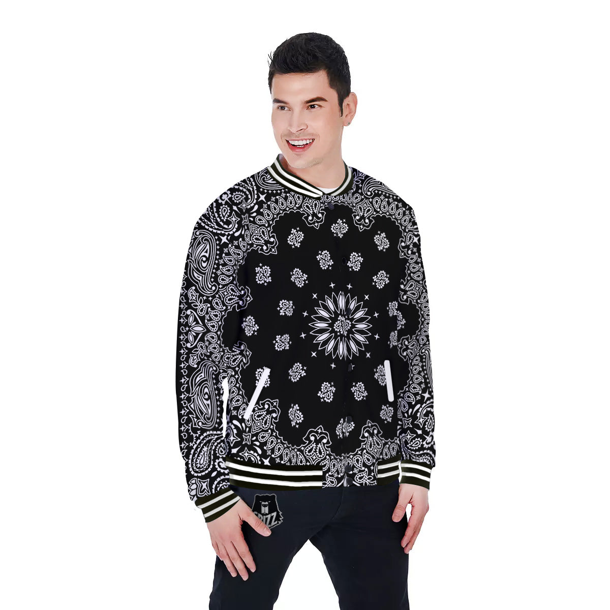 Bandana Black Paisley Print Baseball Jacket-grizzshop