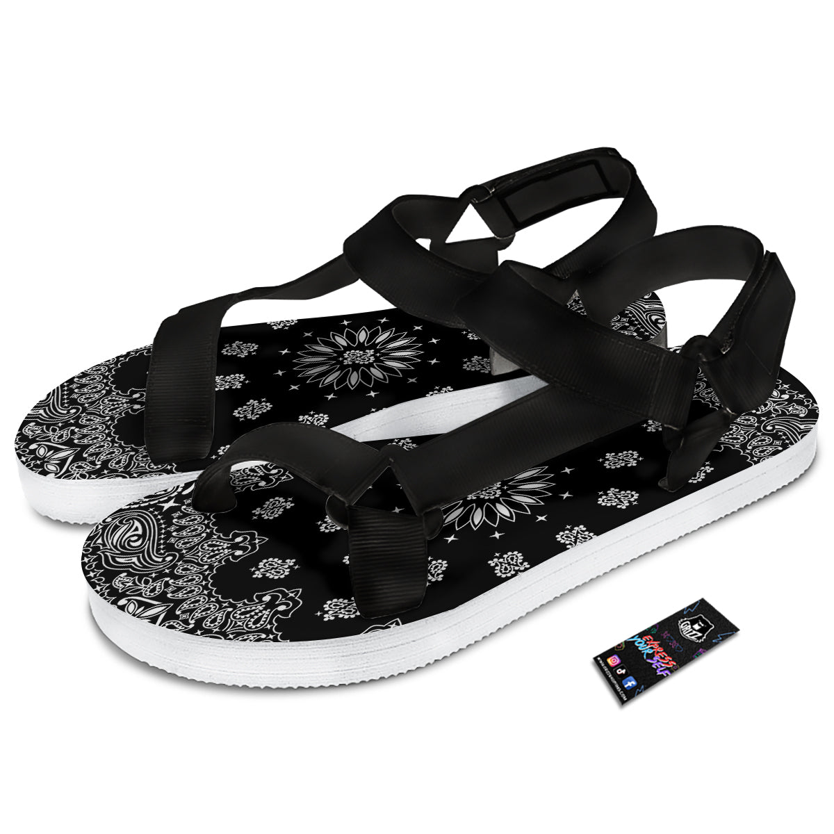 Bandana Black Paisley Print Black Open Toe Sandals-grizzshop