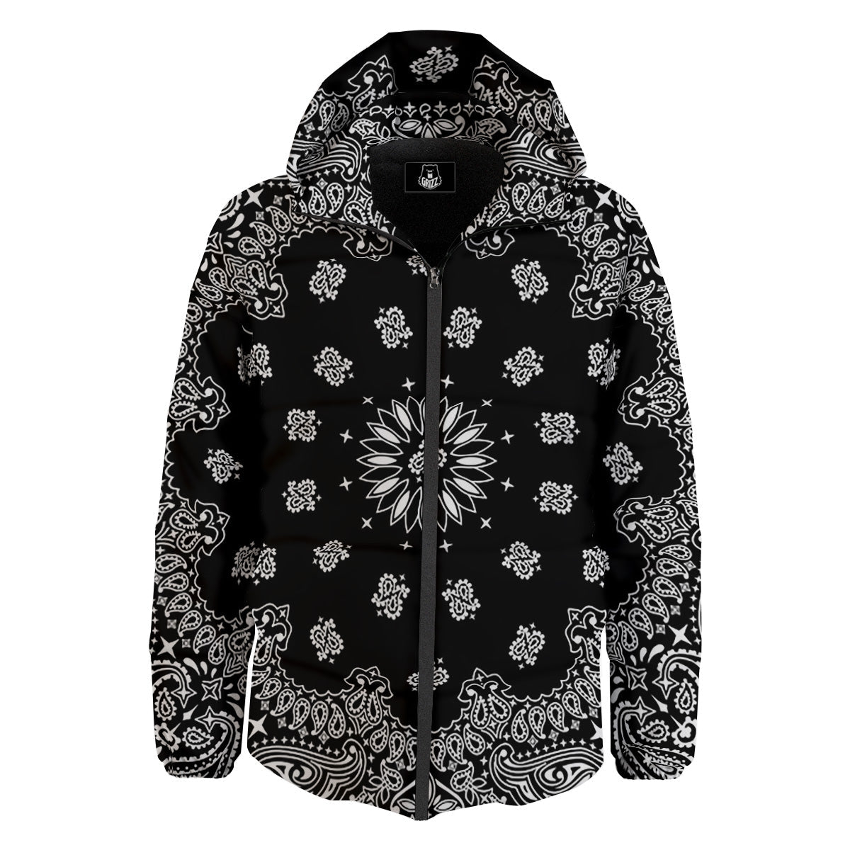 Bandana Black Paisley Print Down Jacket-grizzshop