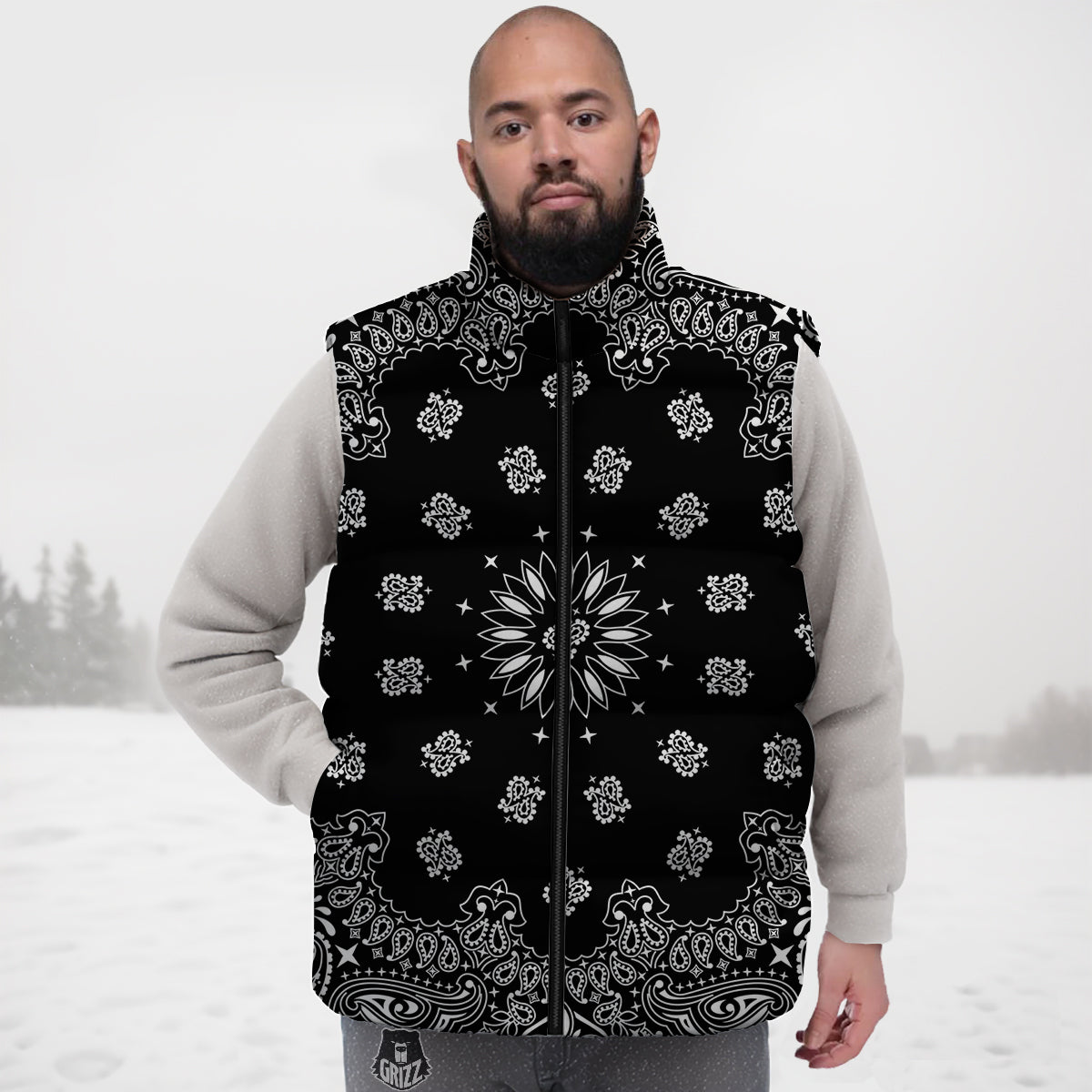 Bandana Black Paisley Print Down Vest