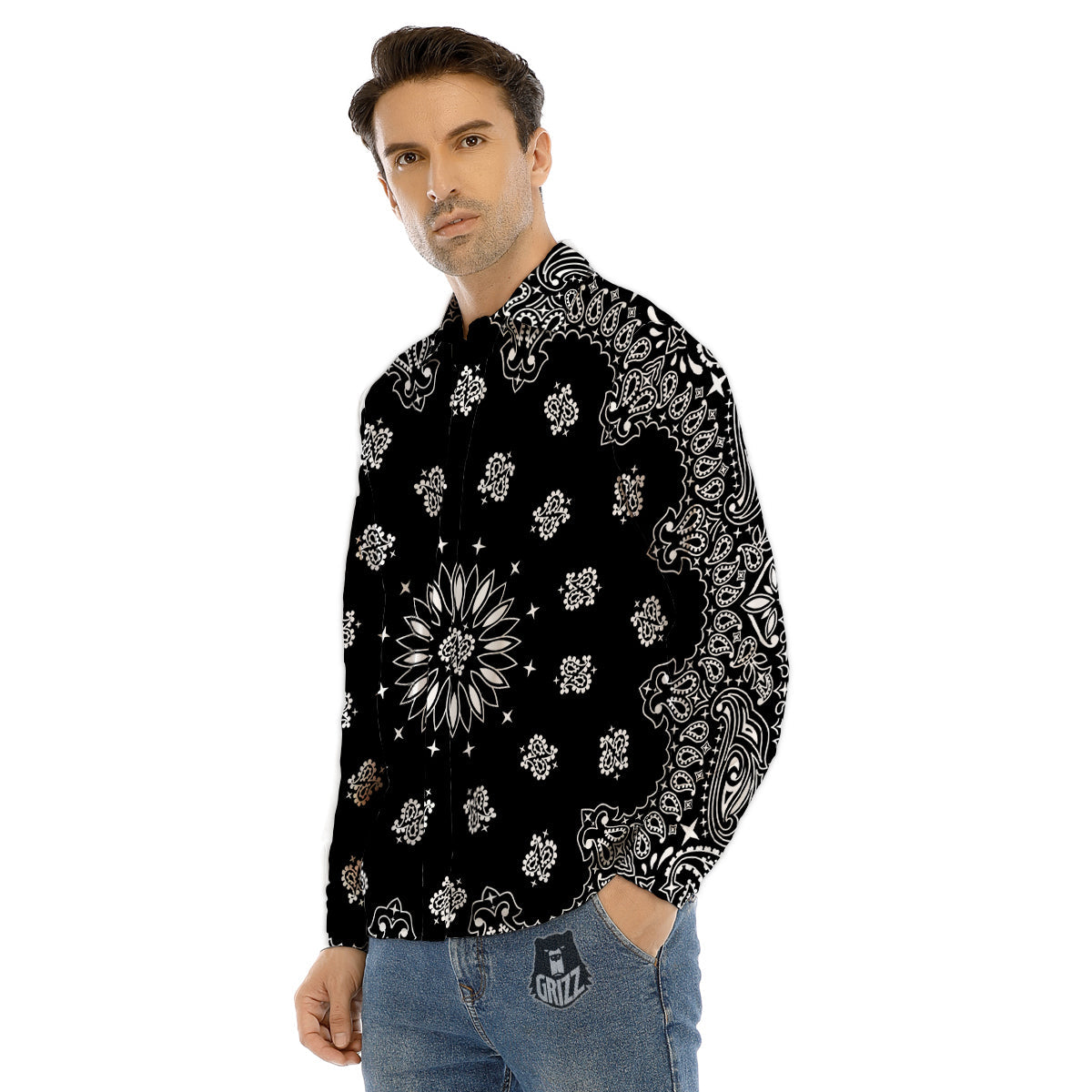 Bandana Black Paisley Print Men's Dress Shirts-grizzshop