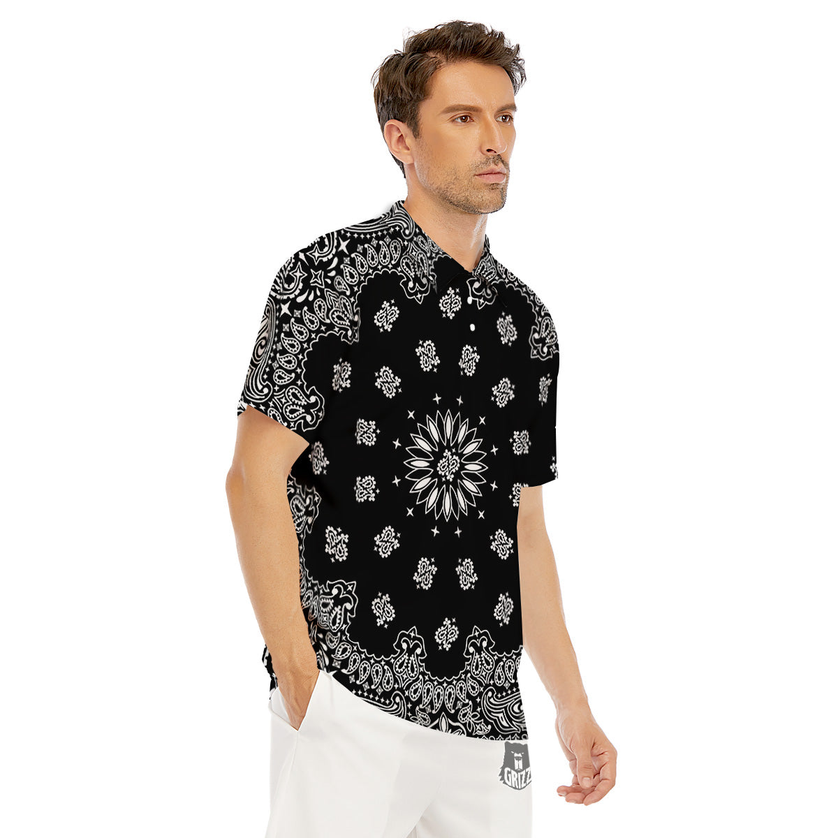 Bandana Black Paisley Print Men's Golf Shirts-grizzshop